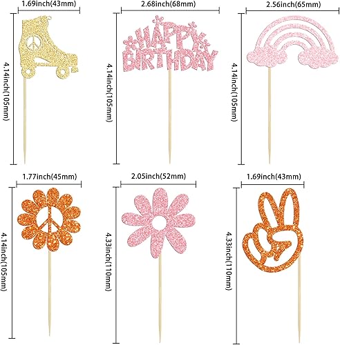 Miniatura 2 de Gyufise 24 piezas de decoración hippie para cupcakes con purpurina de los años 60, retro, bohemio, flor, sol, paz, mano, dos geniales selecciones de