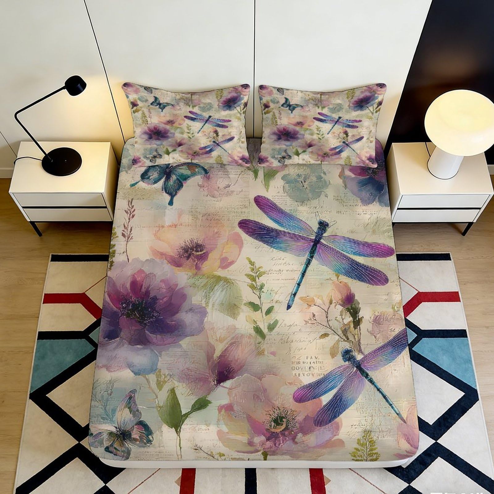3D Printed Dragonfly Floral Fitted Sheet Microfiber Soft Pastel Watercolor Mattress Cover for Bedroom Guest Dorm Decor 180x200x25cm