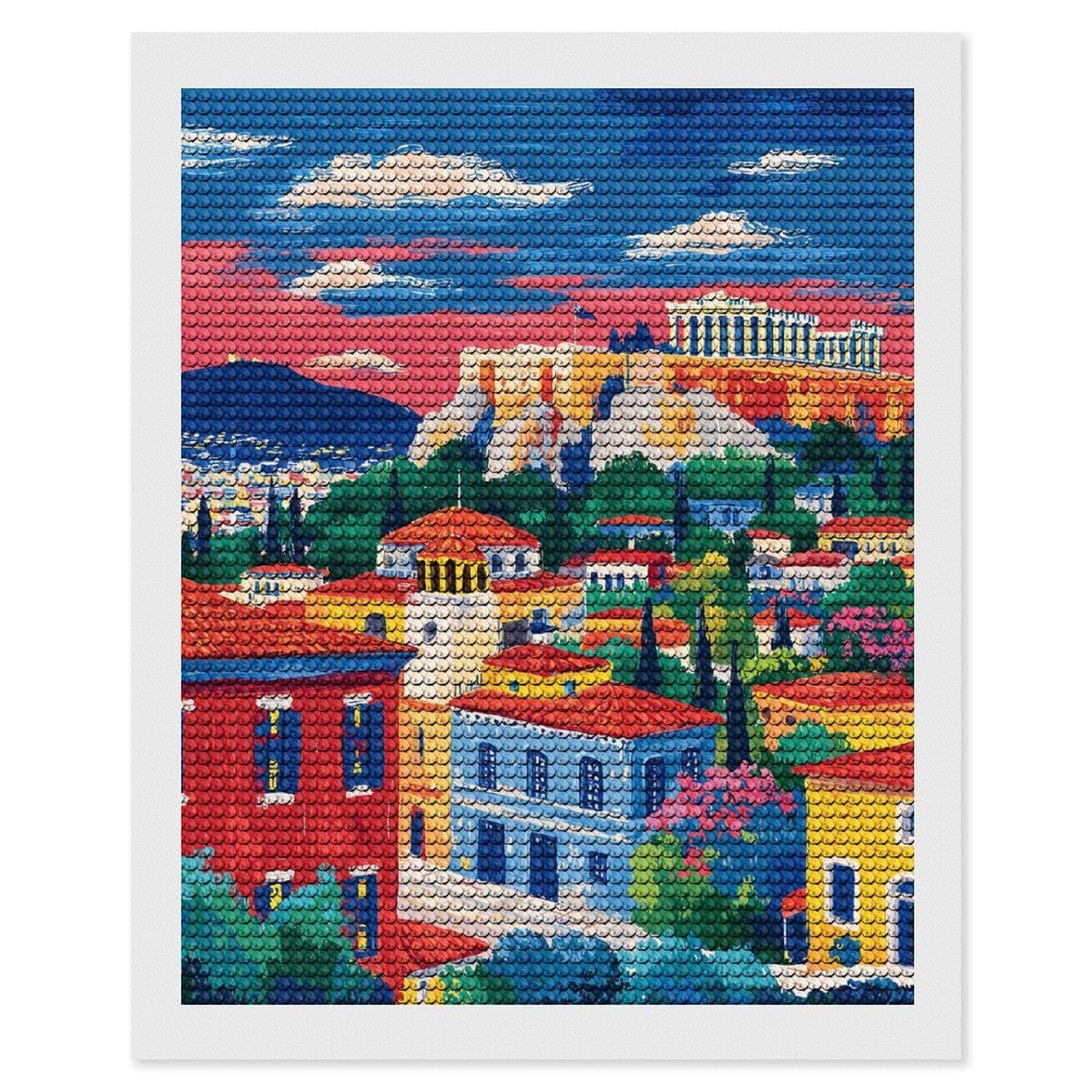 Junmoney Athens Cityscape Painting with Acropolis View Diamond Painting Canvas Set 16"x20", for Adults, Decorate Your Room, Festive Craft Gift, Office Decor