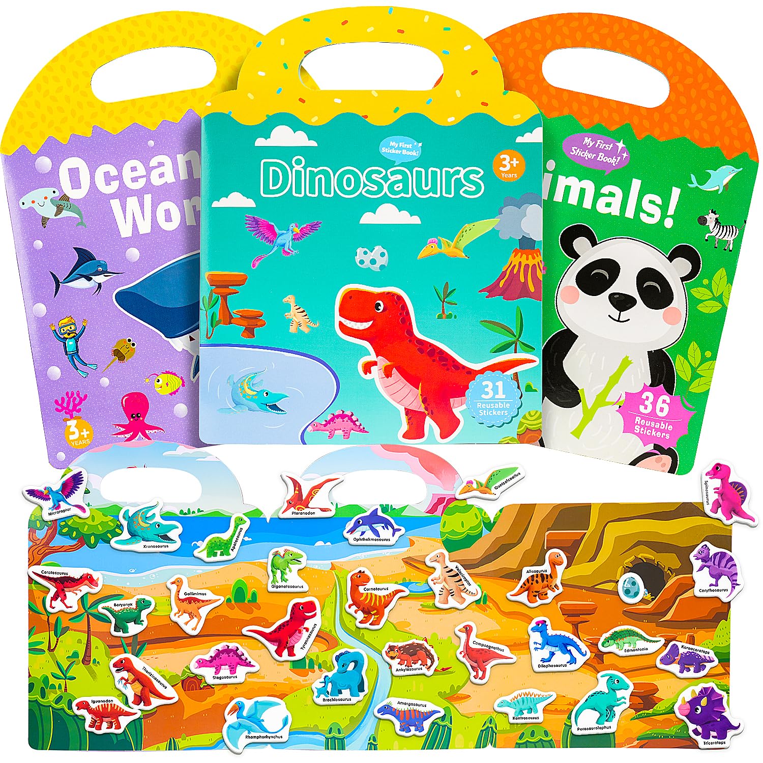 Reusable Sticker Books for Toddlers 2-4 Years, Sticker Books for Kid 1-3-5 with 100 Reusable Stickers, Colorform Window Puffy Sticker Activity Book Girl Boy(Dino+Ocean+Animal)