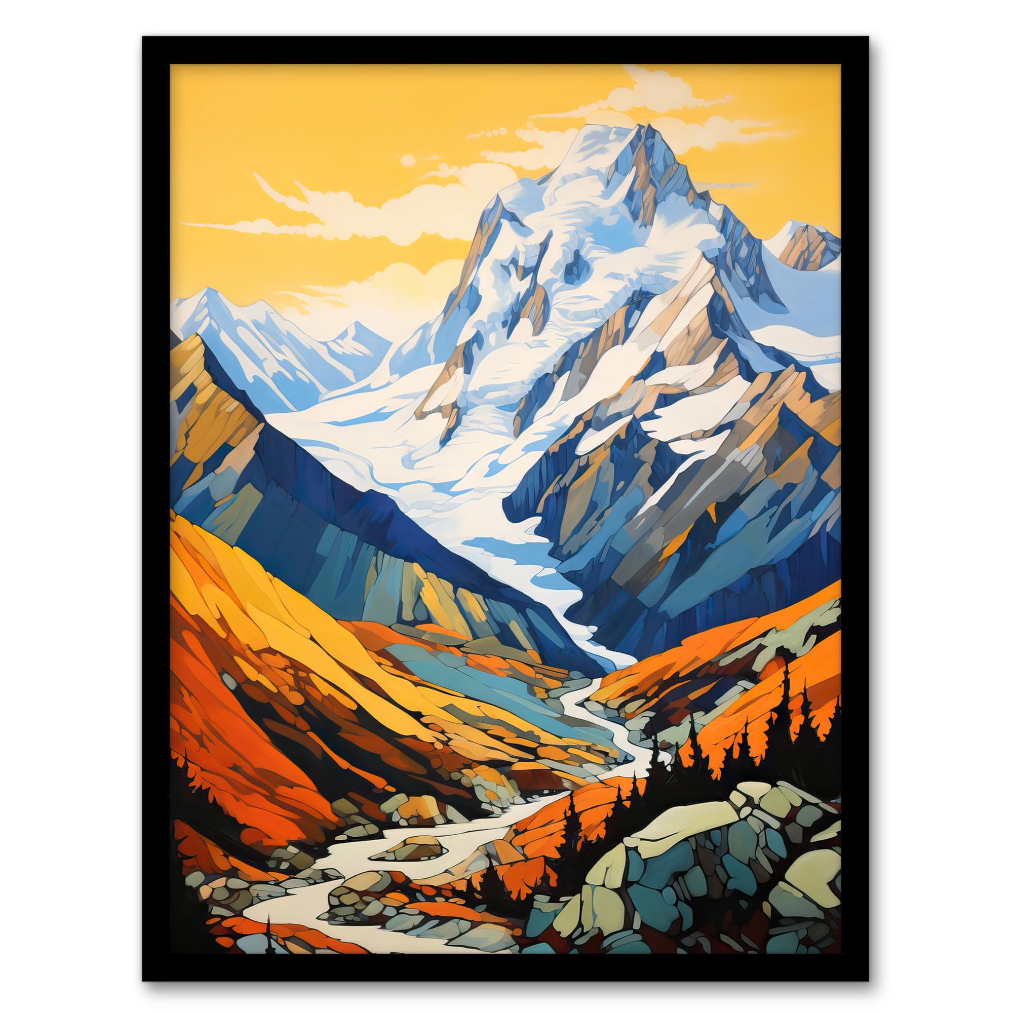 Artery8 Aoraki Mount Cook Artwork Amber Orange Blue National Park New Zealand Snow Peaked Mountain Cloud Piercer Artwork Framed Wall Art Print 18X24 Inch