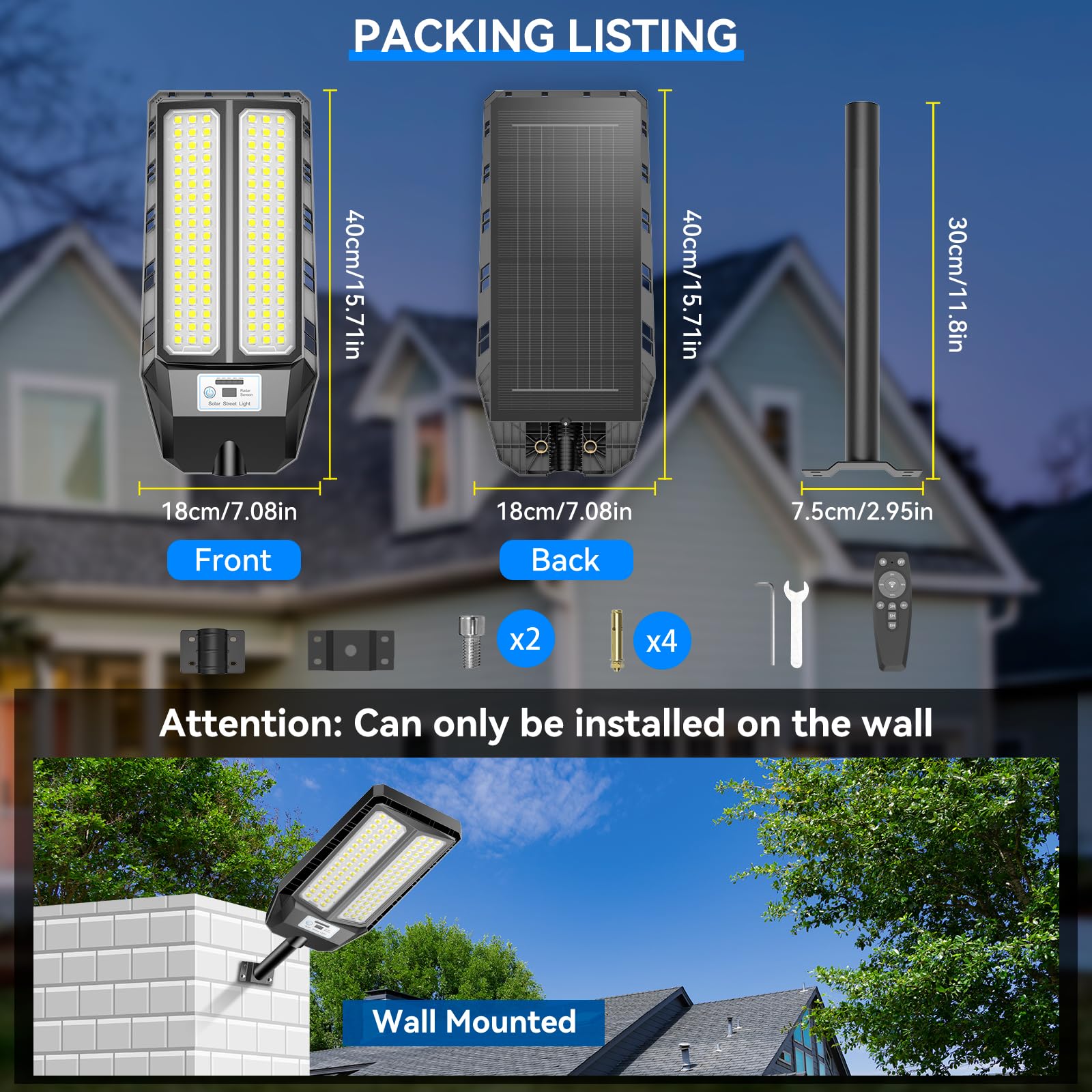 Adewalk 700W*2 PRO Farolas Solares Exterior Potente con Mando a Distancia, Impermeable IP66 Luz Led Farola Solar Exterior con Sensor de Movimiento for Roads, Yardas, Garden