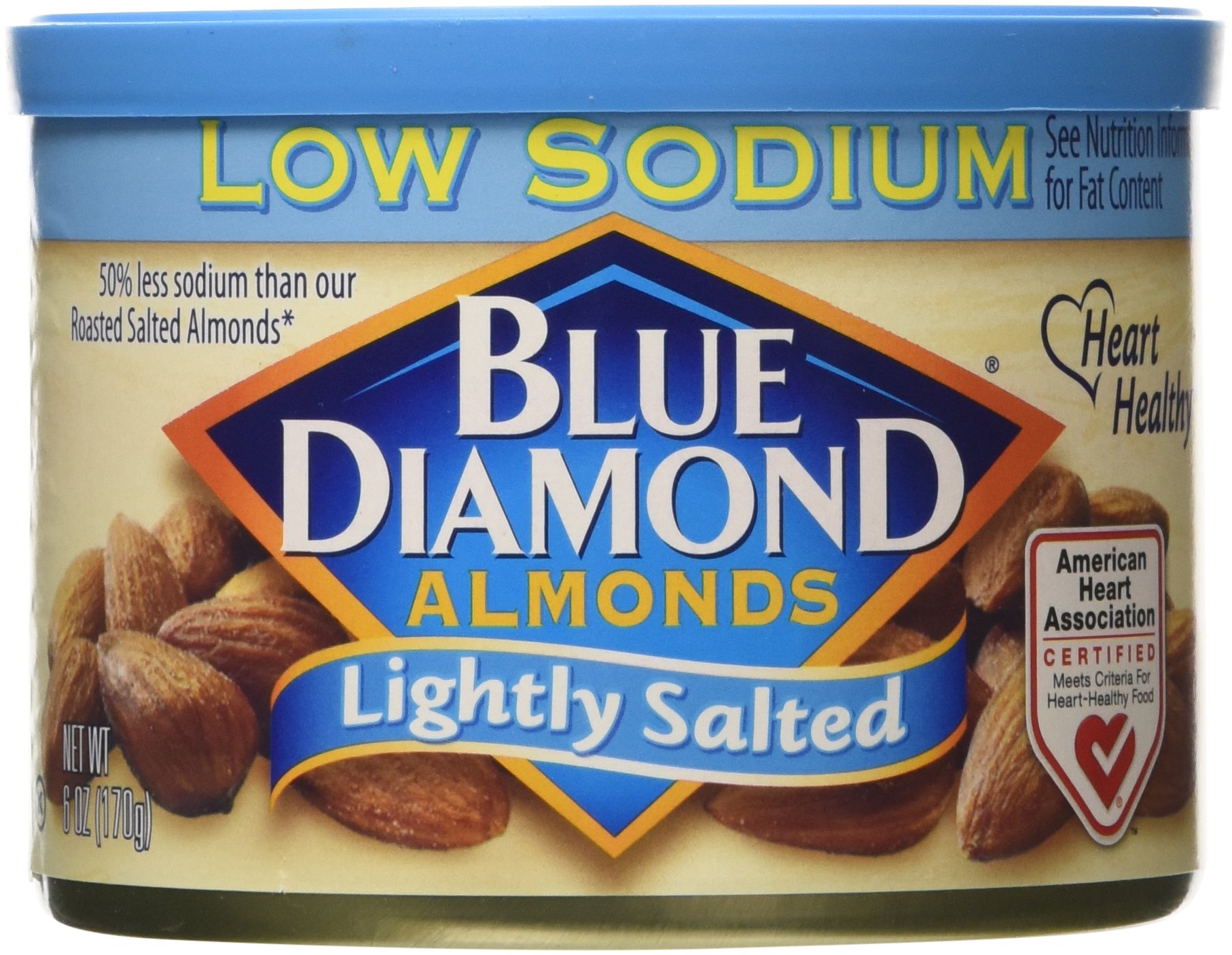 Blue Diamond, Almonds, Low Sodium, Lightly Salted, 6 ounce Can (3 Pack)