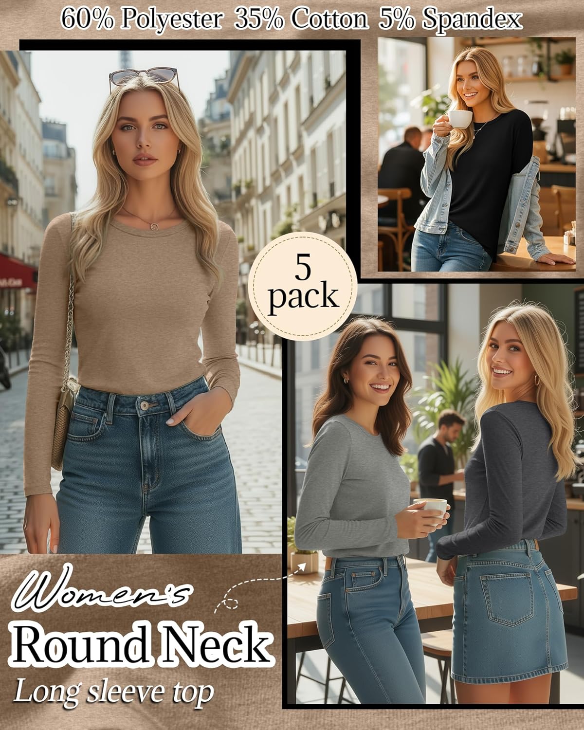 Huukeay 5 Pack Women's Crew Neck Long Sleeve Shirts, Cotton Blend Casual Clothes Workout Basic Layering Tee Tops Multipack - Image 2