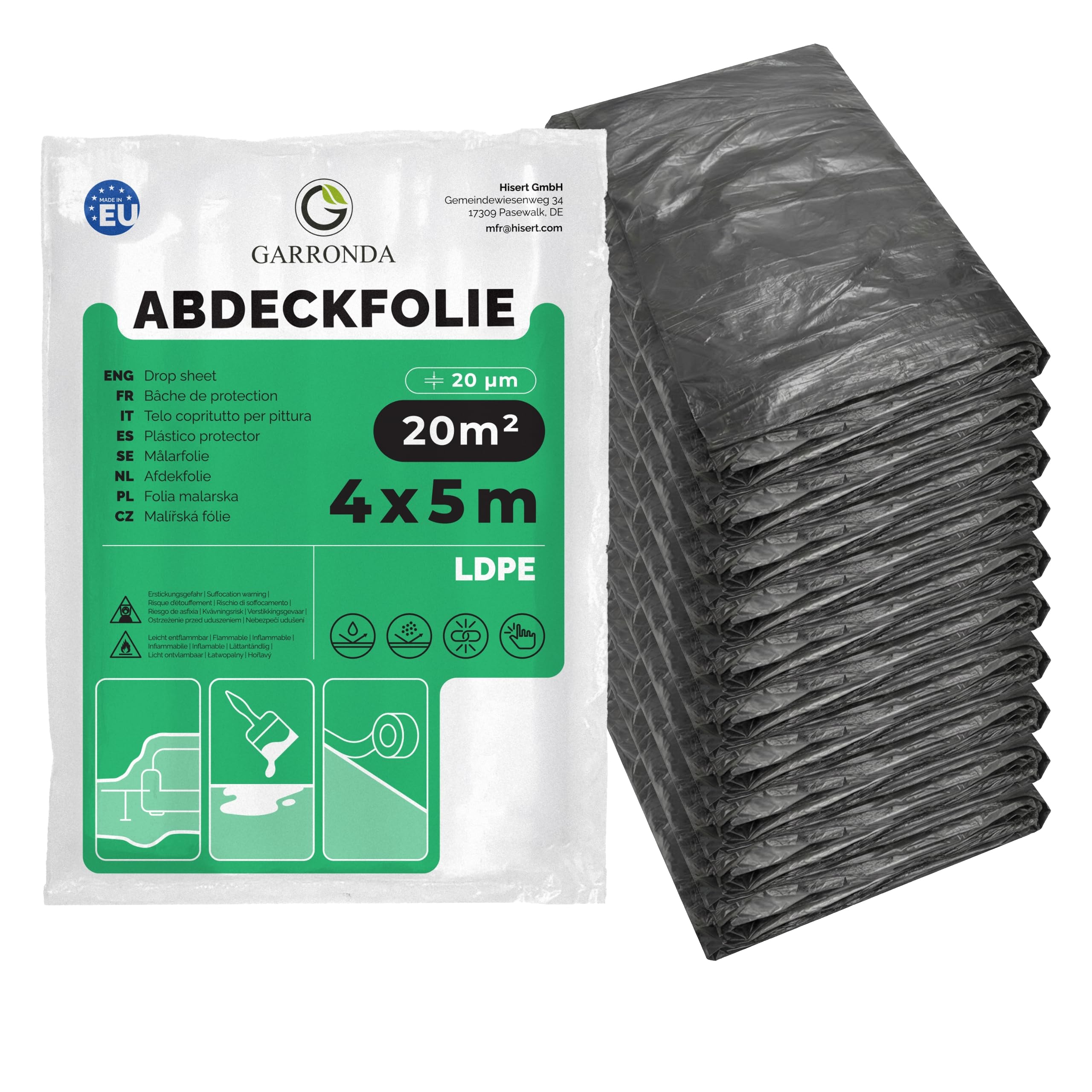 Garronda Lámina de Cobertura Film Protector 20 µ 4x5 m 10 uds GD-0222 | Plástico de protección LDPE gris, lona cubretodo resistente sin cinta adhesiva para muebles y suelo, pintura y reformas