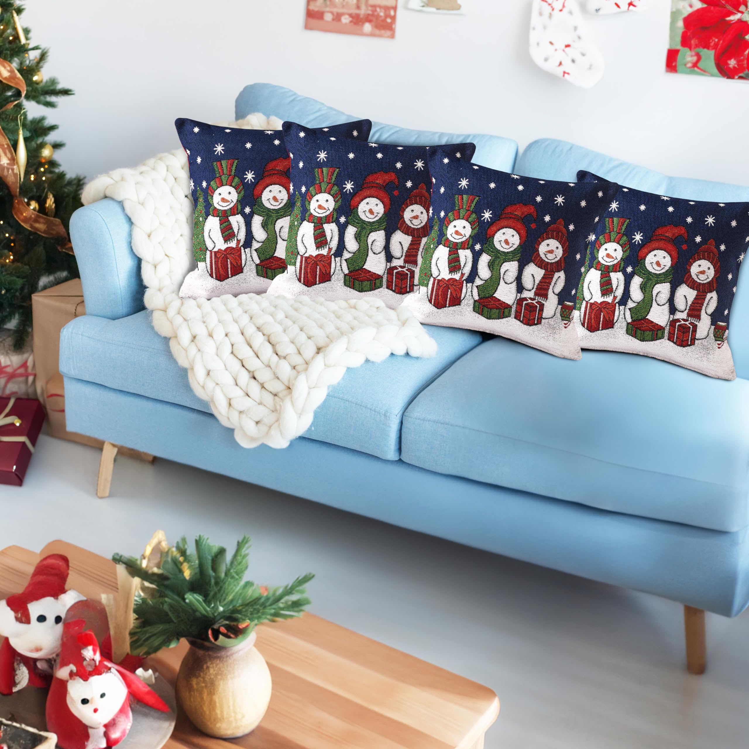 La Maison Christmas Soft Cotton Chenille Tapestry Cushion Cover Xmas Festive Scatter Cushions Nordic Santa Reindeer Stag Snowman (Snowman Gifts, 4 x Filled Cushions)