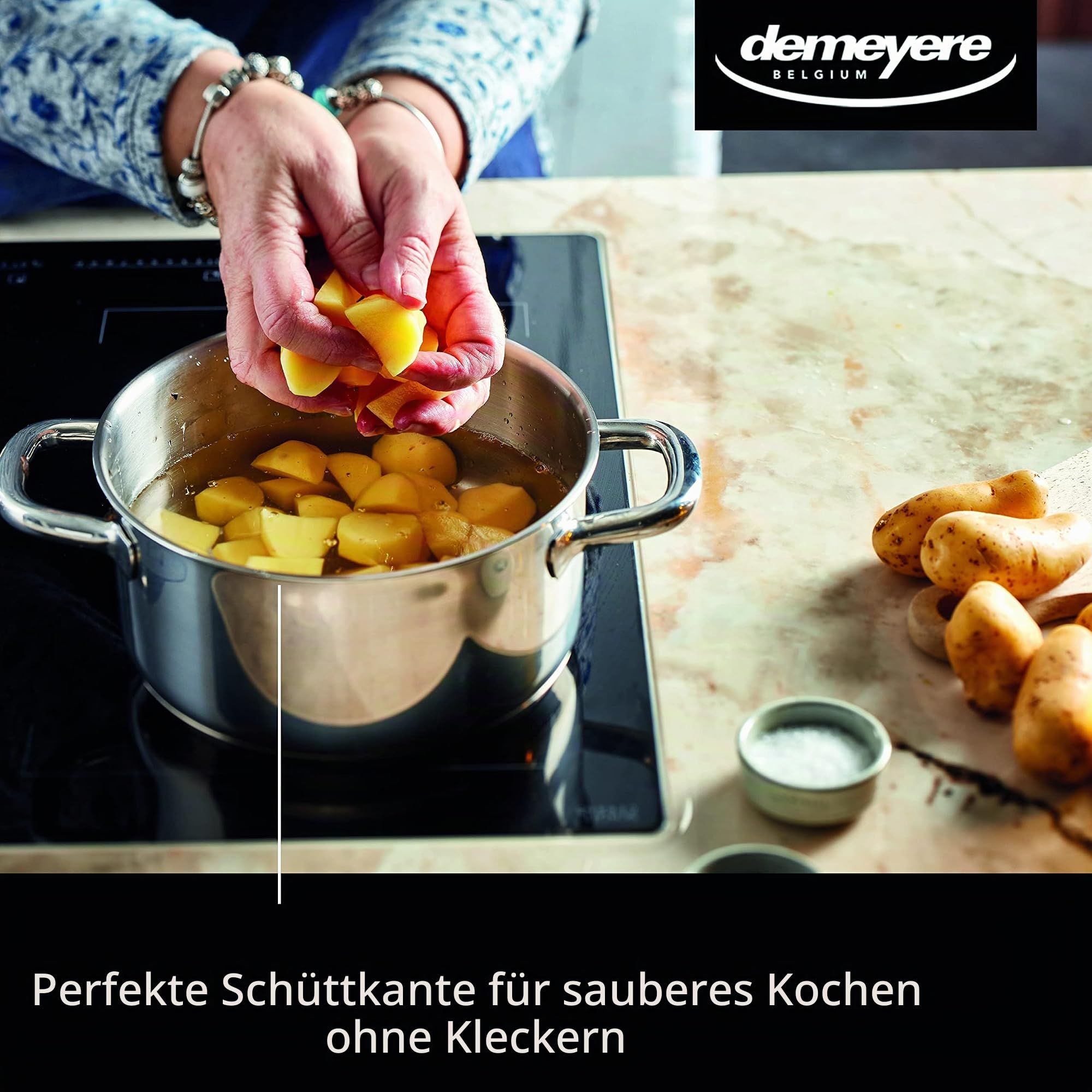 Demeyere Alu Classico 3 Kochtopf fuer Induktion und anderen Herdarten, Topf mit Deckel aus pflegeleichtem Edelstahl mit 3-lagigem boden mit Alumiumkern, 10 Jahre Qualitaets-Garantie, 18 cm gross