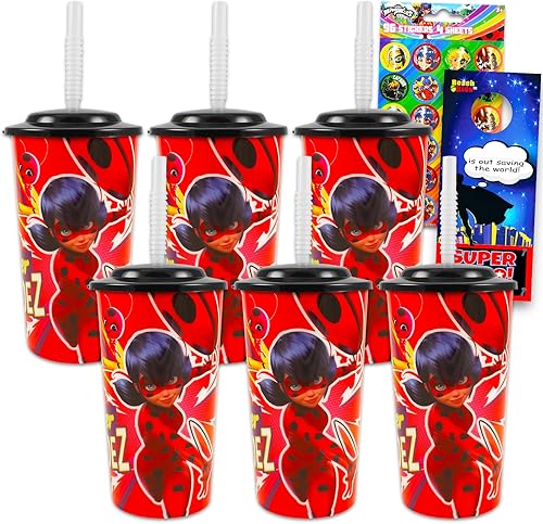 Miraculous Juego de tazas reutilizables de Ladybug, paquete de 6 piezas con tazas de 16 onzas con tapa y pajita, calcomanías | Vasos de fiesta de