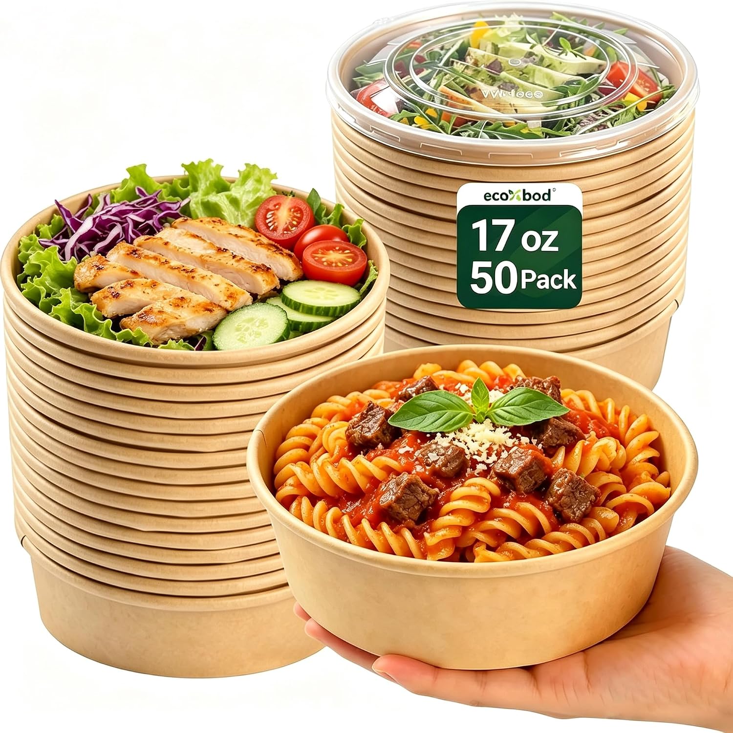 17oz Paper Bowls w/Lids 50 Pack, Disposable Salad Bowls & Meal Prep Containers, Vented PP Lid, Microwave & Freezer Safe Oil Proof Soup Bowls, To Go Lunch Party