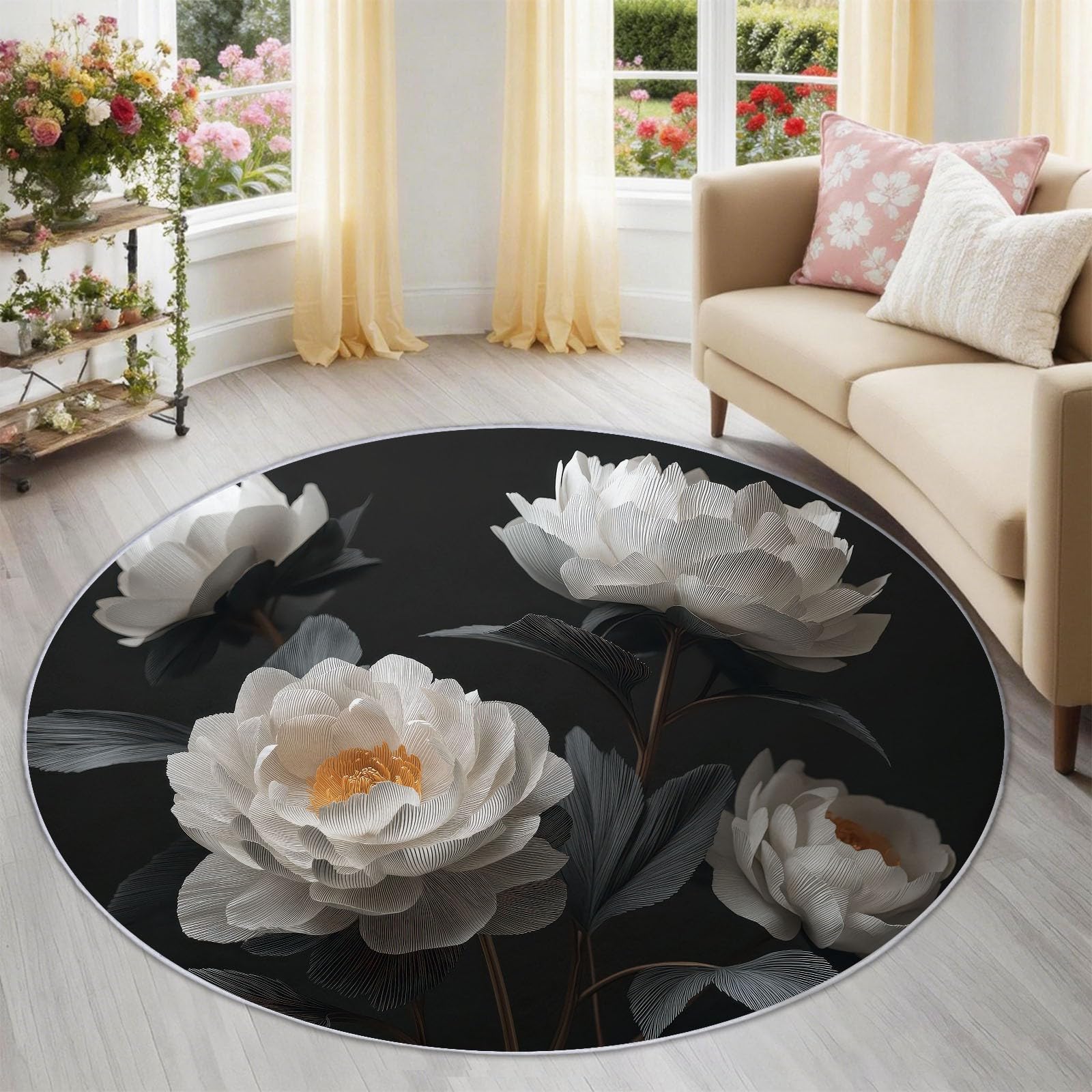 Tapis rond enfant 80 cm en pivoine blanche 3d lavable