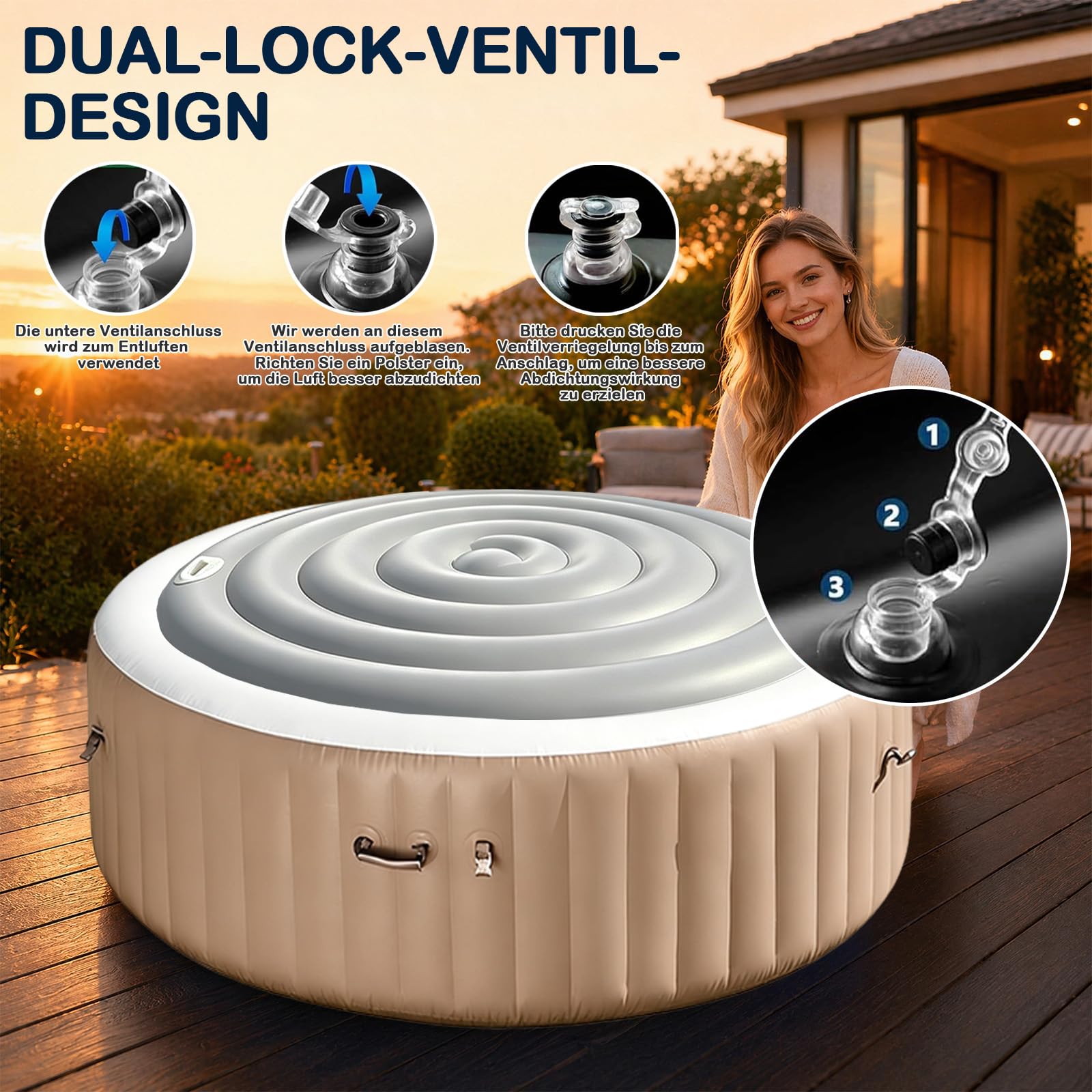 Copertura rotonda da 165 cm, per vasca da bagno, gonfiabile, con manici