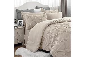 Bedsure Comforter Set King Size: Pintuck Bedding in a Bag 7-Piece Beige Bed Set