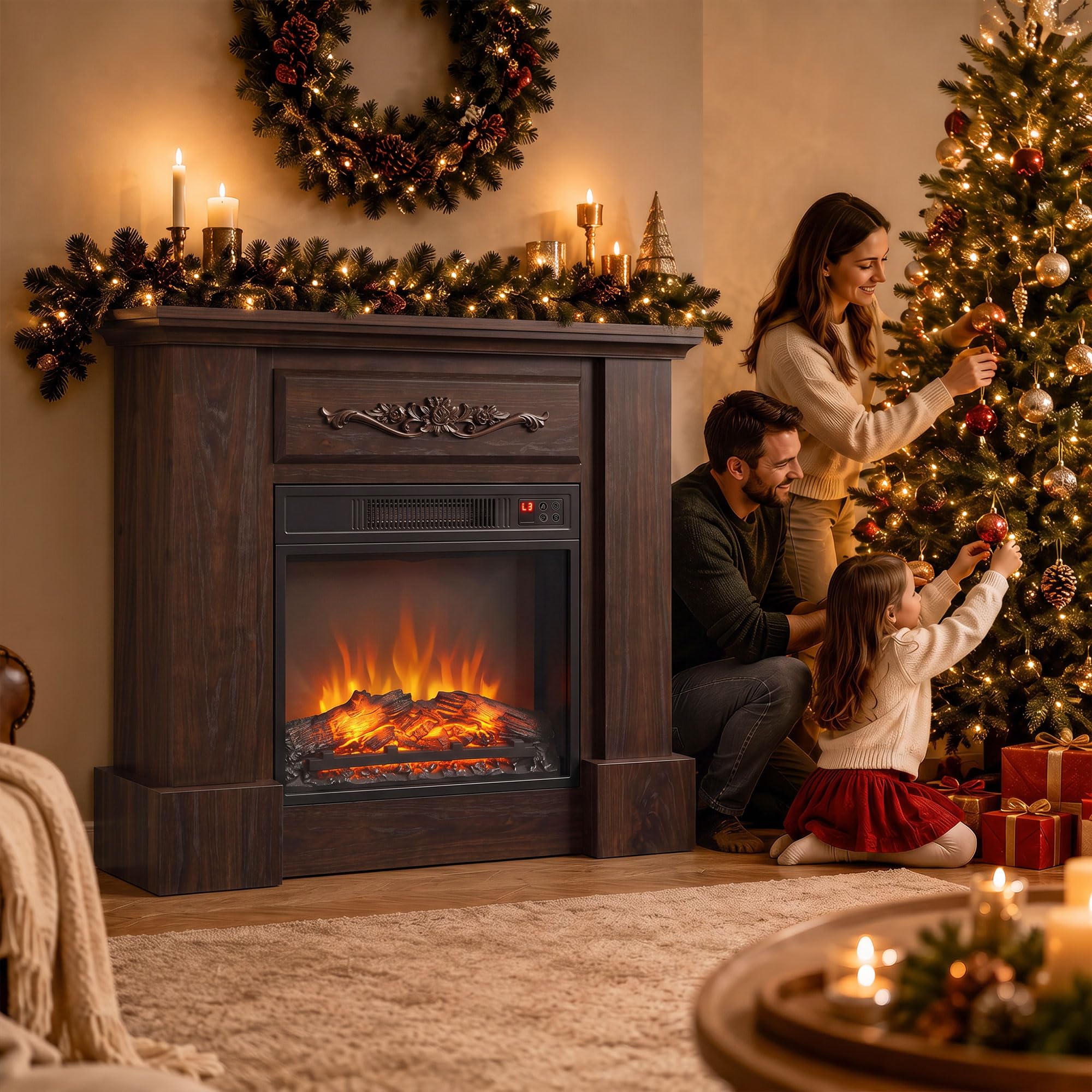 HOMCOM Camino Elettrico Cornice Effetto Fiamma Realistico 1800W Marrone | Caminetto Elettrico da Incasso e Terra, Stufa con Telecomando, Termostato, Timer, Riscaldamento Regolabile, Soggiorno