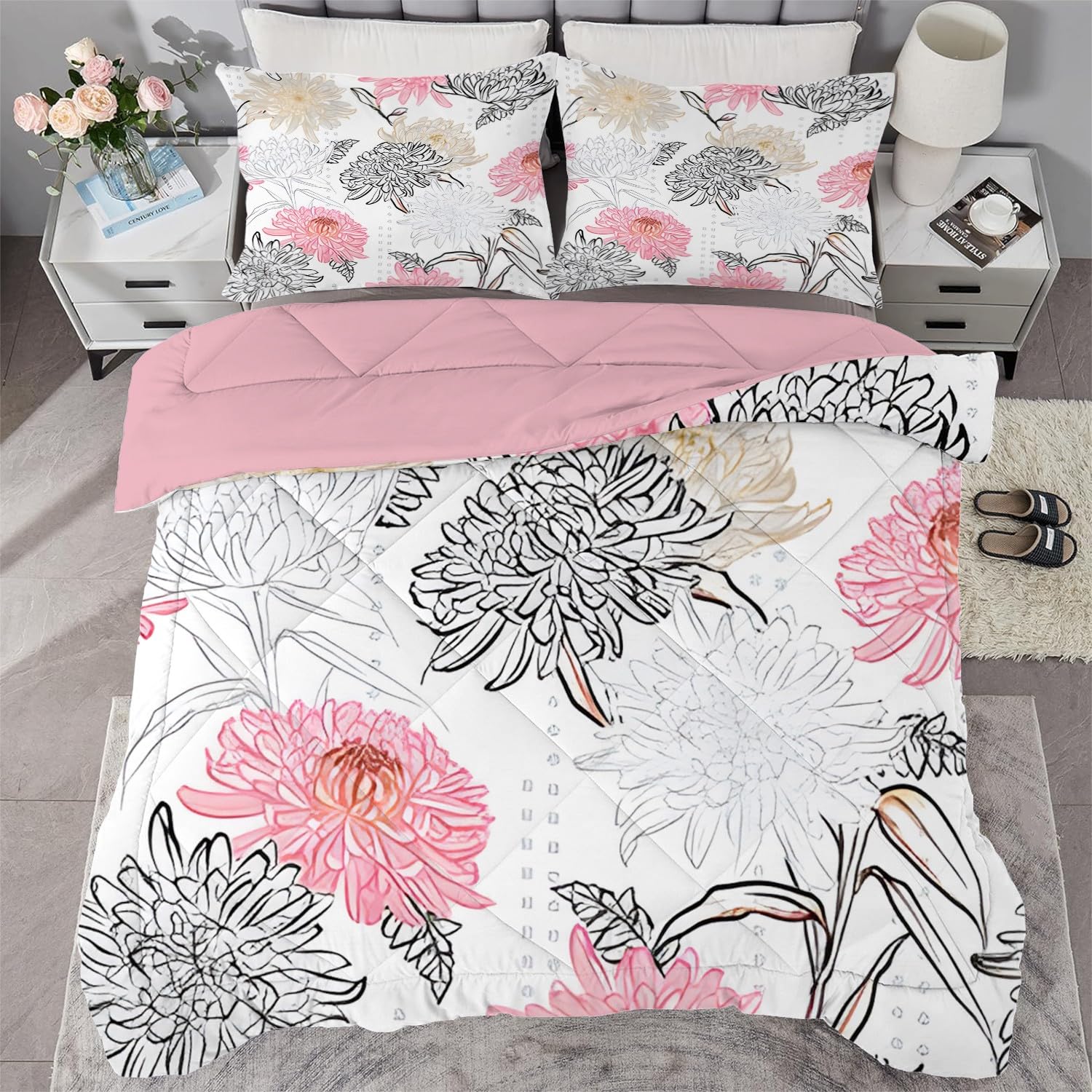 Qiwagu White Duvet Super King Size, Coverless Duvet 4.5 Tog with Pink Flowers Pattern, Soft Lightweight Comforter Set for Autumn Summer, 1 Superking Quilt 260x220cm with 2 Pillowcases, C189