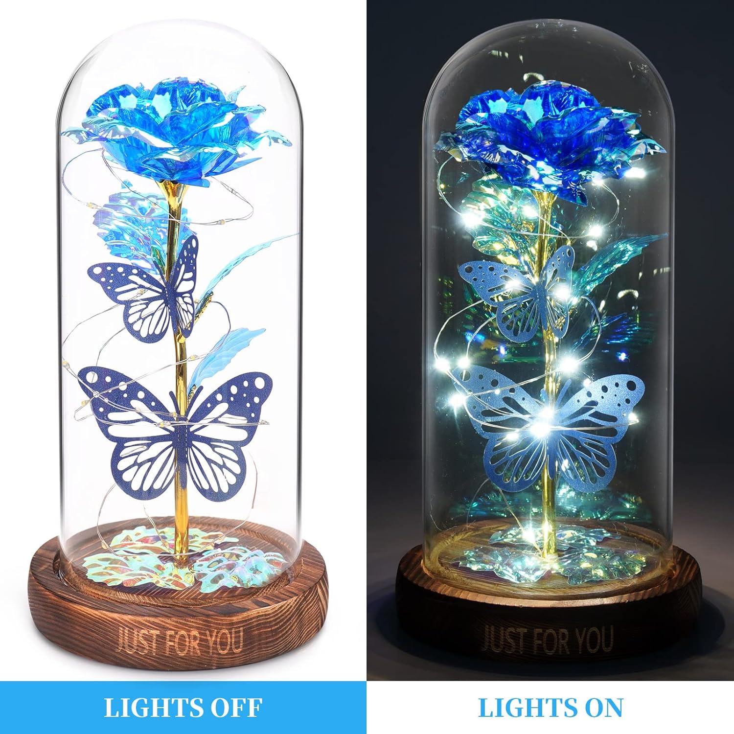 WOKEISE Valentines Day Gifts for Her, Light Up Rose Butterfly in Glass Dome, Birthday Anniversary Flower Lighted Roses Gifts for Women,Wife,Mom,Grandma,Girlfriend,Girls,Sister, Blue - Image 3