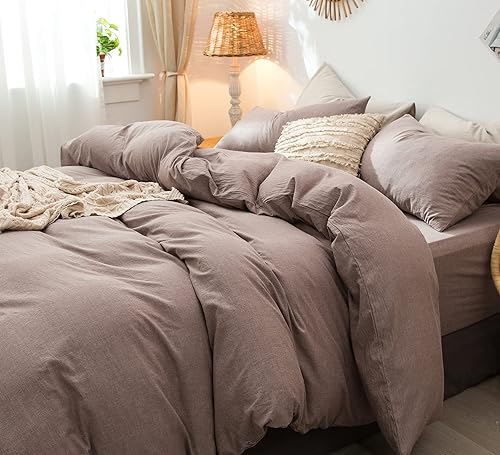 Miniatura 2 de MooMee  Juego de funda de edredón 100% algodón lavado con textura parecida al lino transpirable duradero suave cómodo (marrón malva, King)