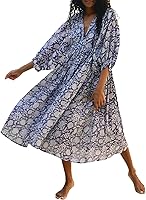 INFEELNEWZ Boho Floral Puff Sleeve Midi Dress for Women - Loose Swing Half Open Collar Summer Beach Cover Up