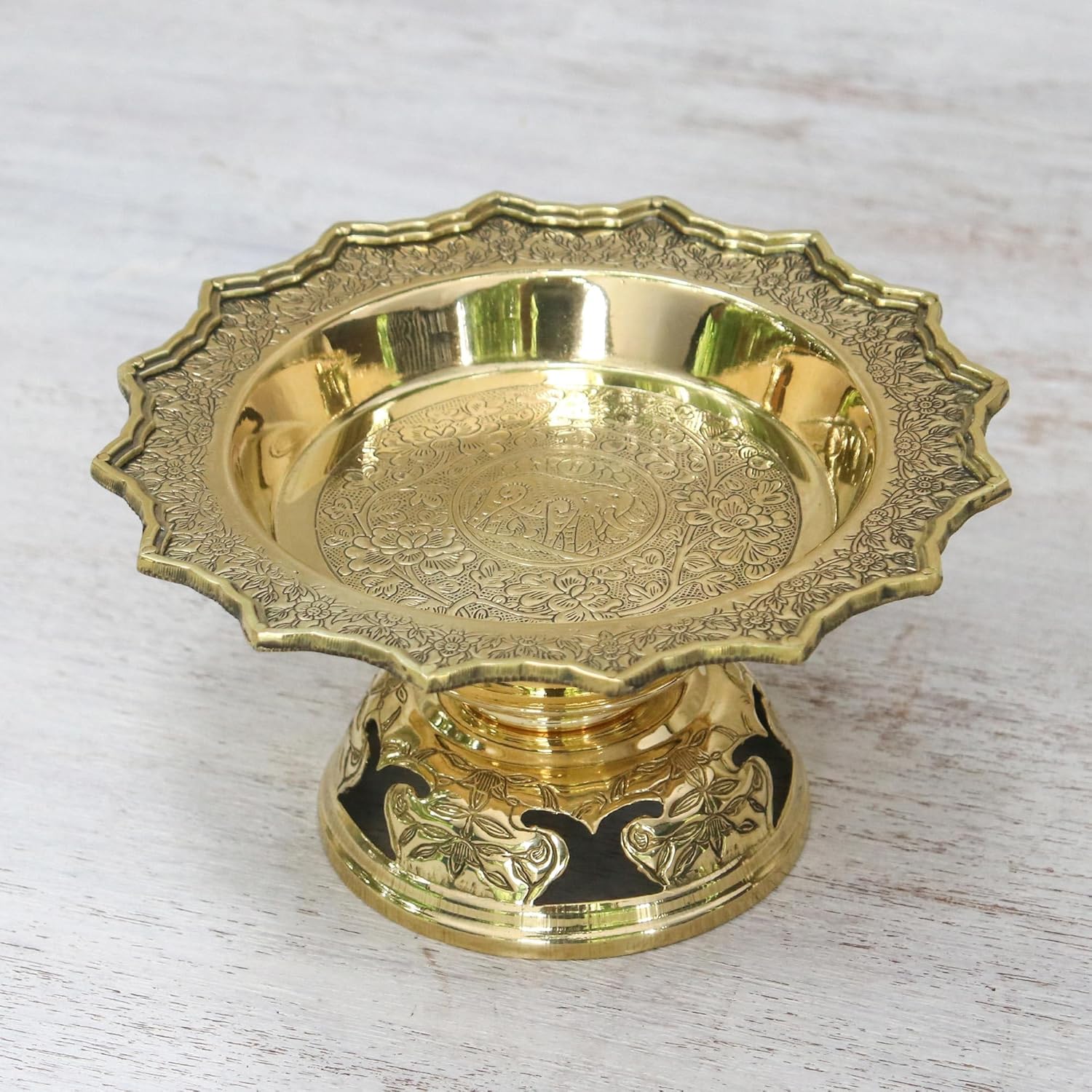NOVICA Handmade Brass Decorative Bowl Flower Leaf Elephant Home Metallic Thailand Accessories Bowls Plates Animal Themed Floral [tray 3.1in H x 6in Diam.] 'Forest Elephant'