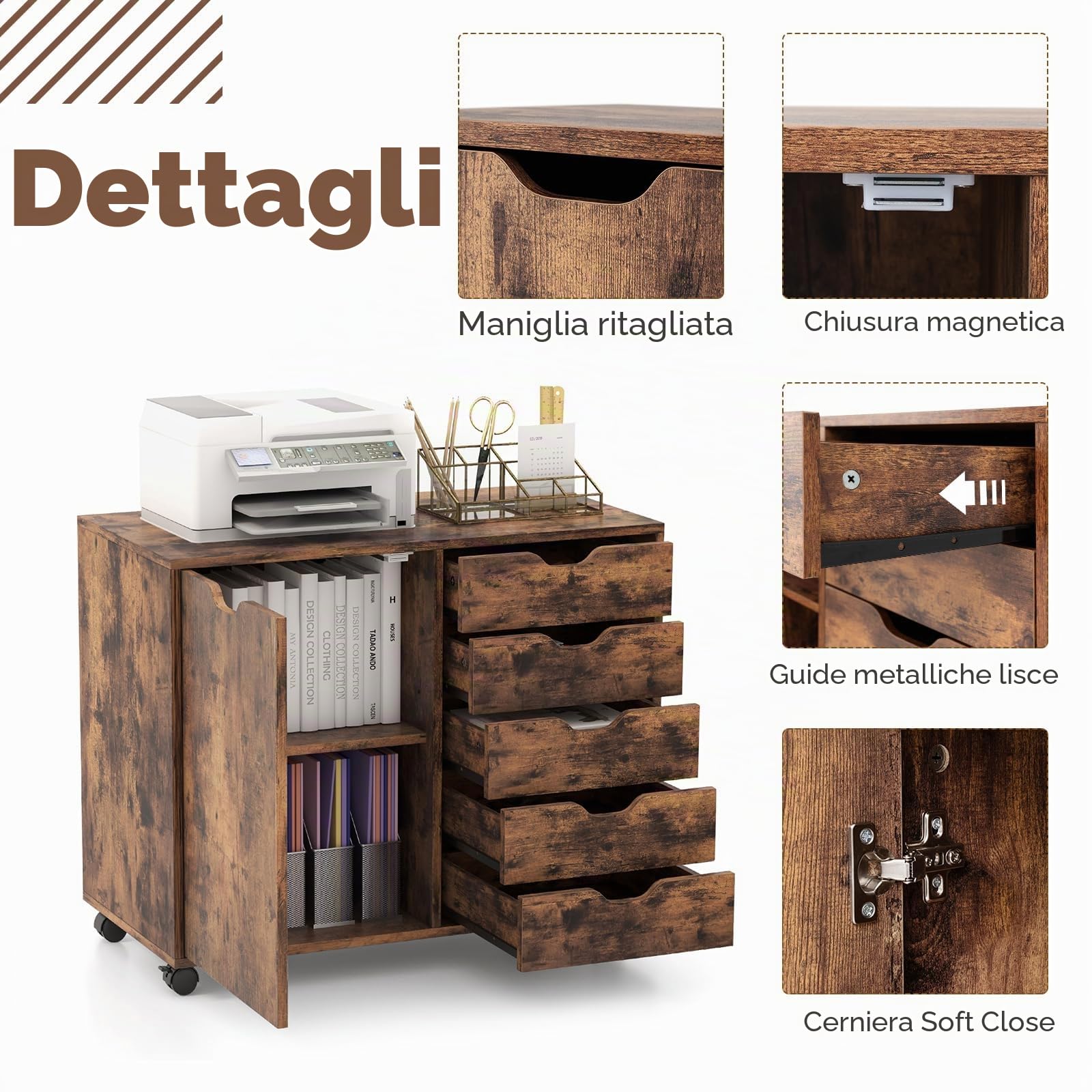 KOMFOTTEU Cassettiera Ufficio con 5 Cassetti, Schedario Portadocumenti con Ruote Universali e Ripaini Regolabili, Mobile Porta Stampante in Legno per Studio, Camera da Letto, 79x39x65 cm (Marrone)