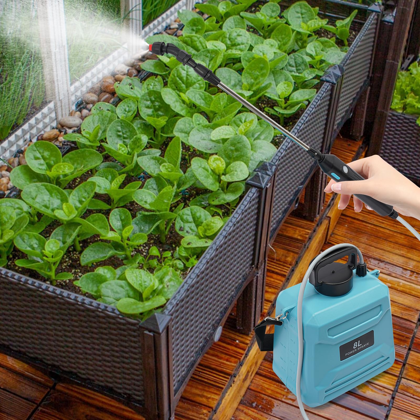 Spruzzatore a pressione a batteria, 8 l, spruzzatore elettrico a pressione con lancia telescopica, 3 ugelli e tracolla, spruzzatore da giardino per piante, erbacce, pulizia e irrigazione