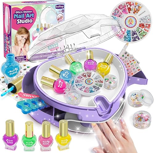 BATTOP Juego de esmaltes de uñas para niñas, kit de uñas para niños con organizador de secador de uñas, esmalte, calcomanías, gemas, limador, ideas