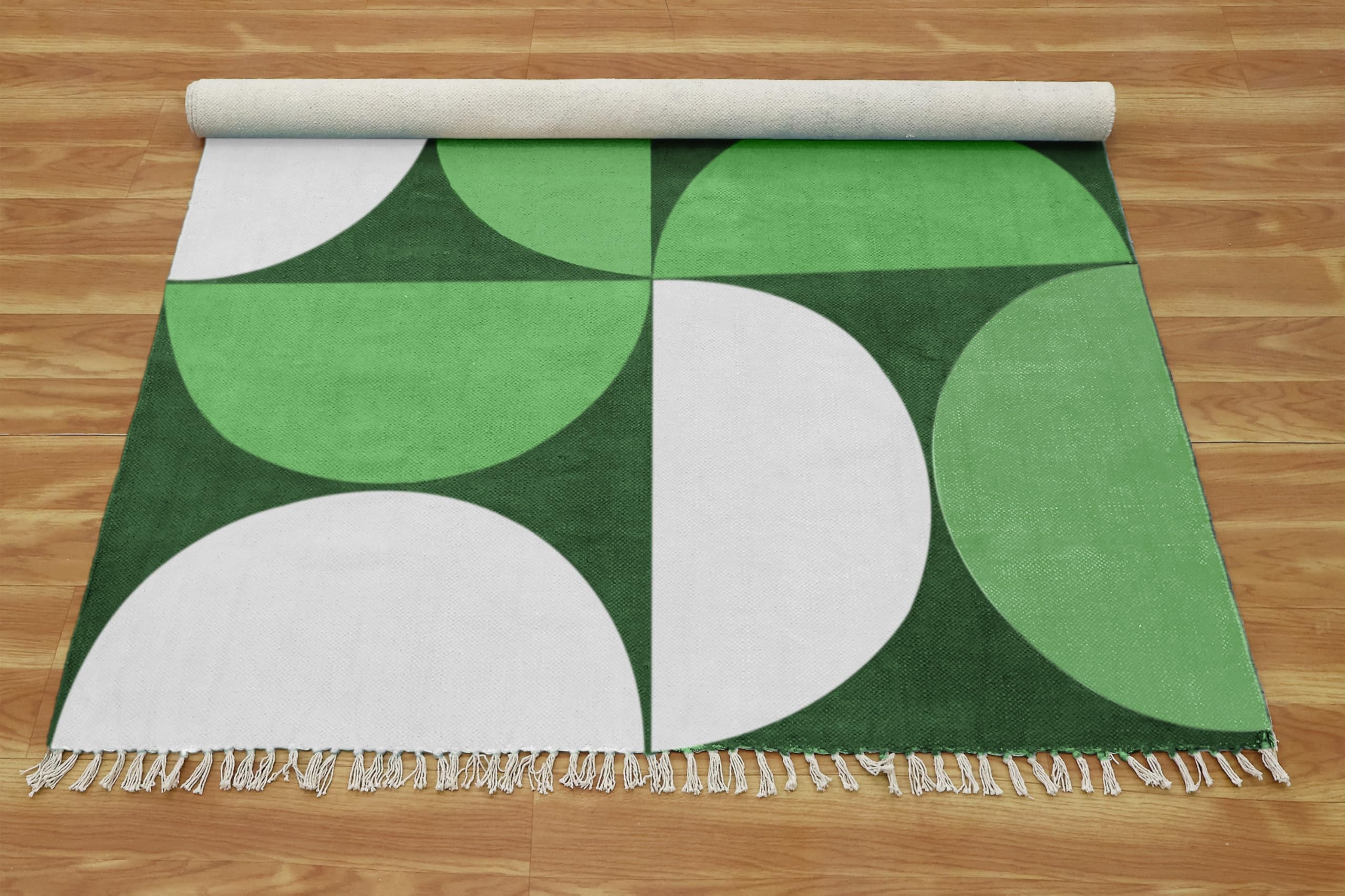 Tappeto 2 x 3 kilim a forma di mezza luna, in cotone stampato, motivo geometrico bianco e verde, facile da lavare, spesso 0,5 cm, lavaggio a mano, per interni ed esterni, per cucina, comodino
