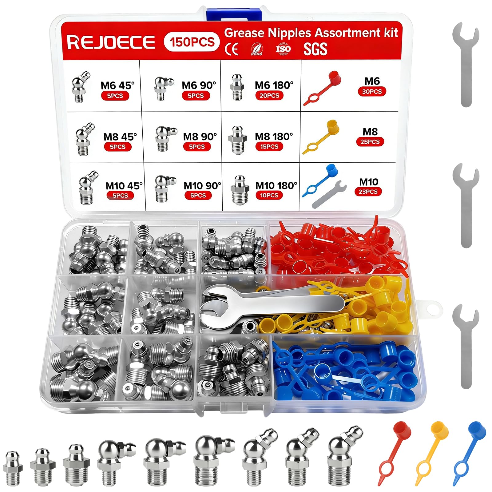 Schmiernippel, sortiert, metrisch, hydraulisch, M6, M8, M10, gerade, 90 Grad, 45 Grad abgewinkelt, ideal für Automobil-, Landwirtschafts-, Industriemaschinen, 153-teiliges Set