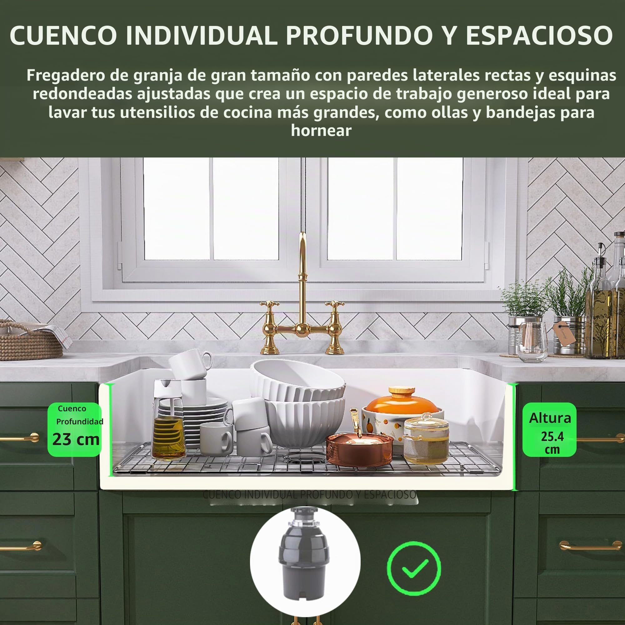 TUKTUK Fireclay Farmhouse - Delantal de fregadero de cocina frontal de un solo tazón para fregadero de cocina profundo con rejilla inferior personalizada y colador