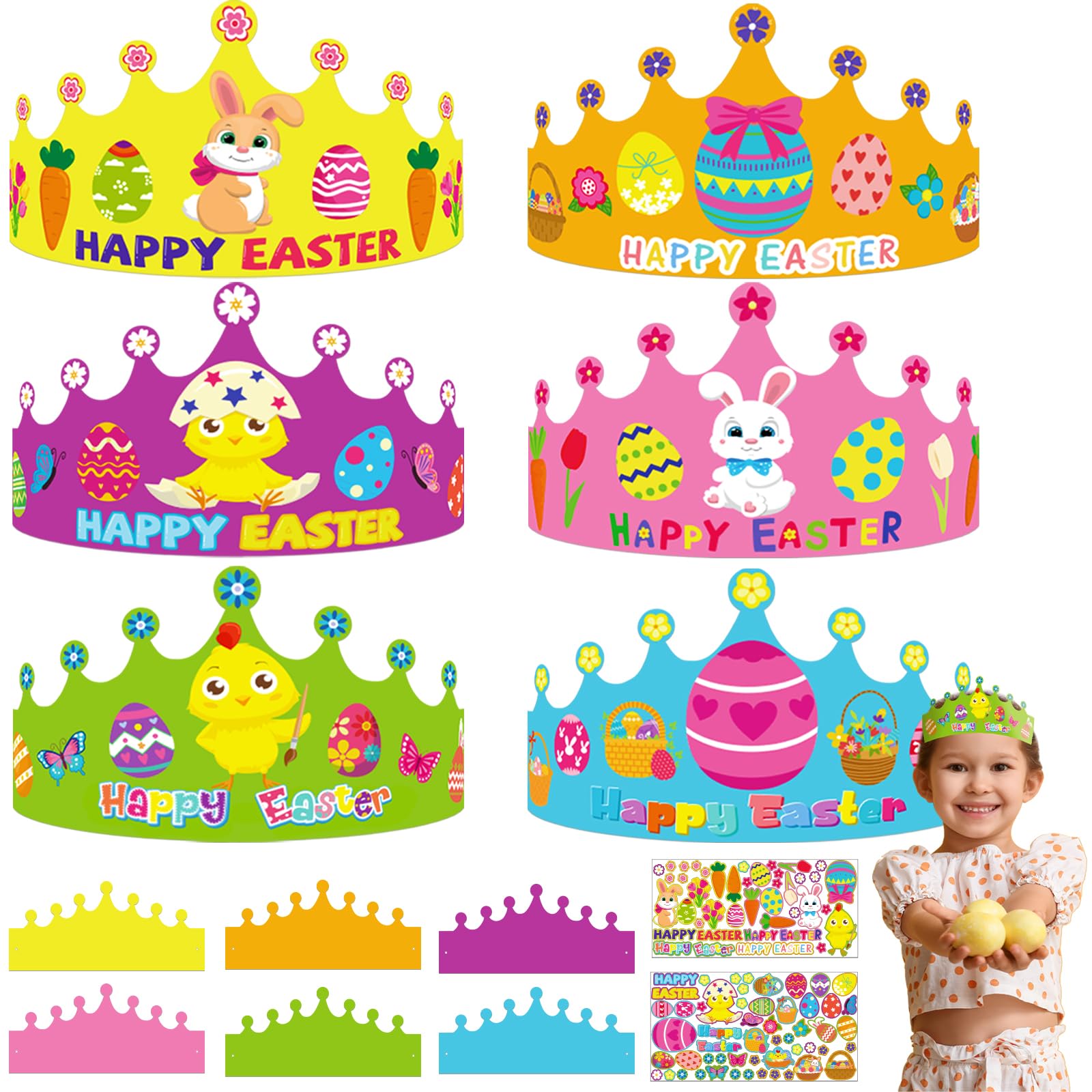 24 Pcs Easter Crown Crafts for Kids, Easter DIY Art Headband for Boys Girls Ages 3-5, 4-8, 8-10, Spring Easter Bunny Eggs Chick Classroom Game Activities Project Party Decorations Favors Gift