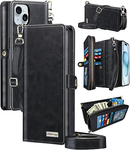 Funda de cuero para Apple iPhone 15 con soporte para tarjetas, accesorios de teléfono para mujeres, hombres y mujeres, paquete de 2 protectores de