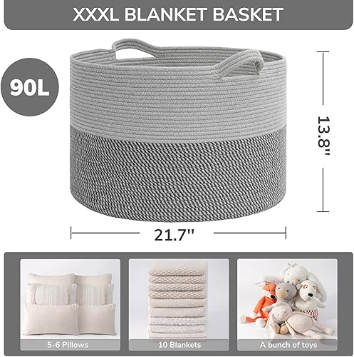 Miniatura 3 de INDRESSME Cesta de lavandería extra grande, cesta de manta de cuerda de algodón para cuarto de bebé, cesta de almacenamiento tejida decorativa con