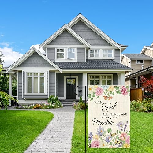 Miniatura 5 de Bandera de jardín con texto en inglés "With God All Things are Possible"  Bandera decorativa para el hogar, primavera, verano, otoño, hogar, jardín,