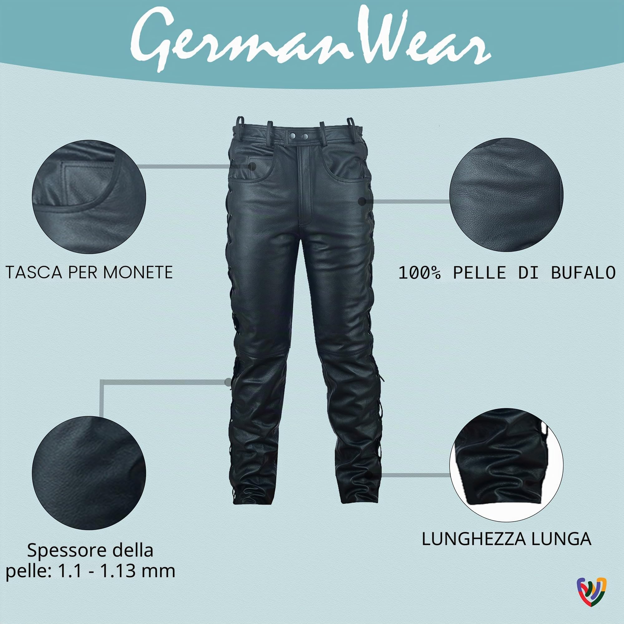 German Wear - Pantaloni da Moto in Pelle con Lateralmente Lato Lacci