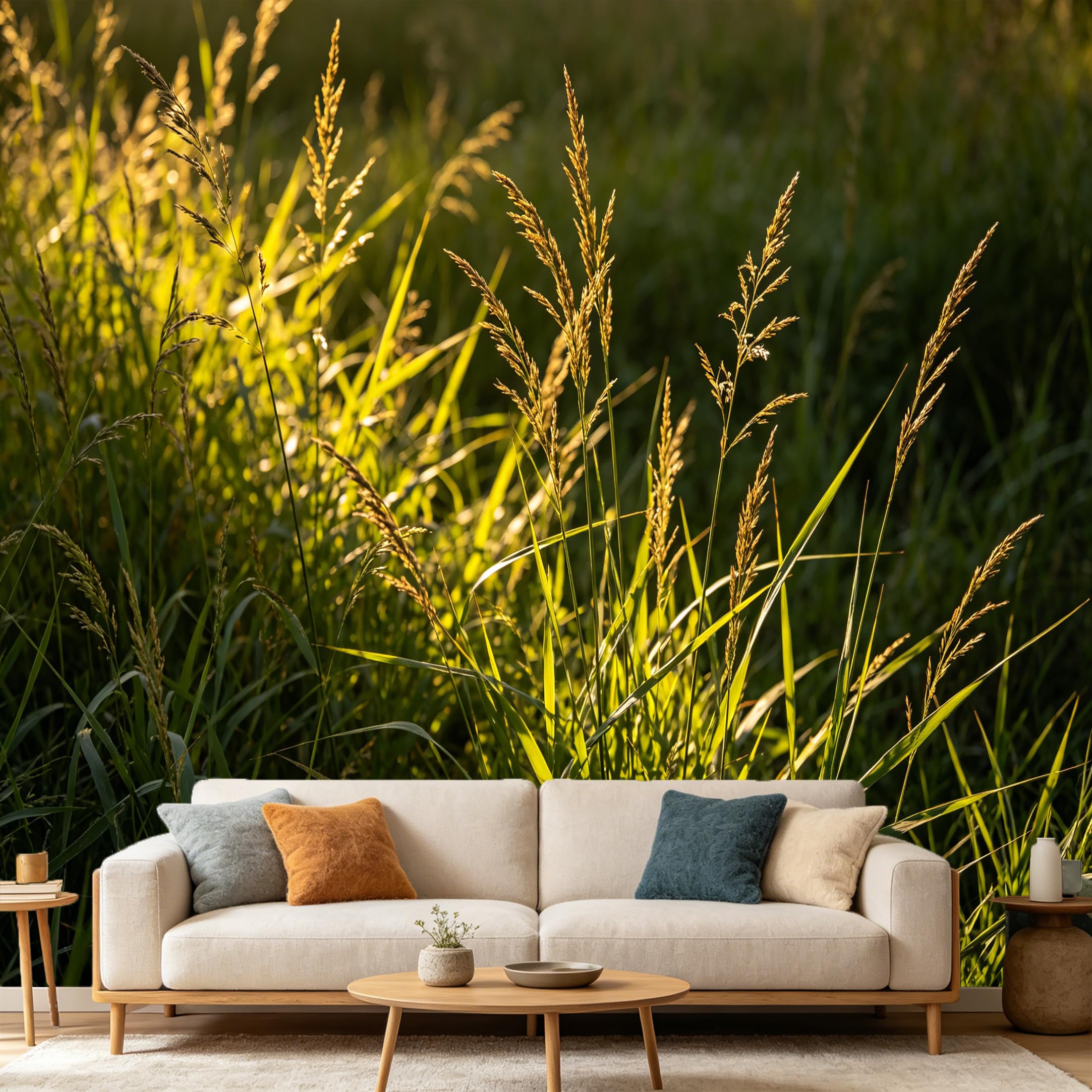 Custom Size Wall Mural Nature Botanical Wild Reed Plants Sunset Backlit Meadow Field Aesthetic SelfAdhesive Art Prints wall Fabric（No PVC） Removable Wallpaper Home Bedroom Decor
