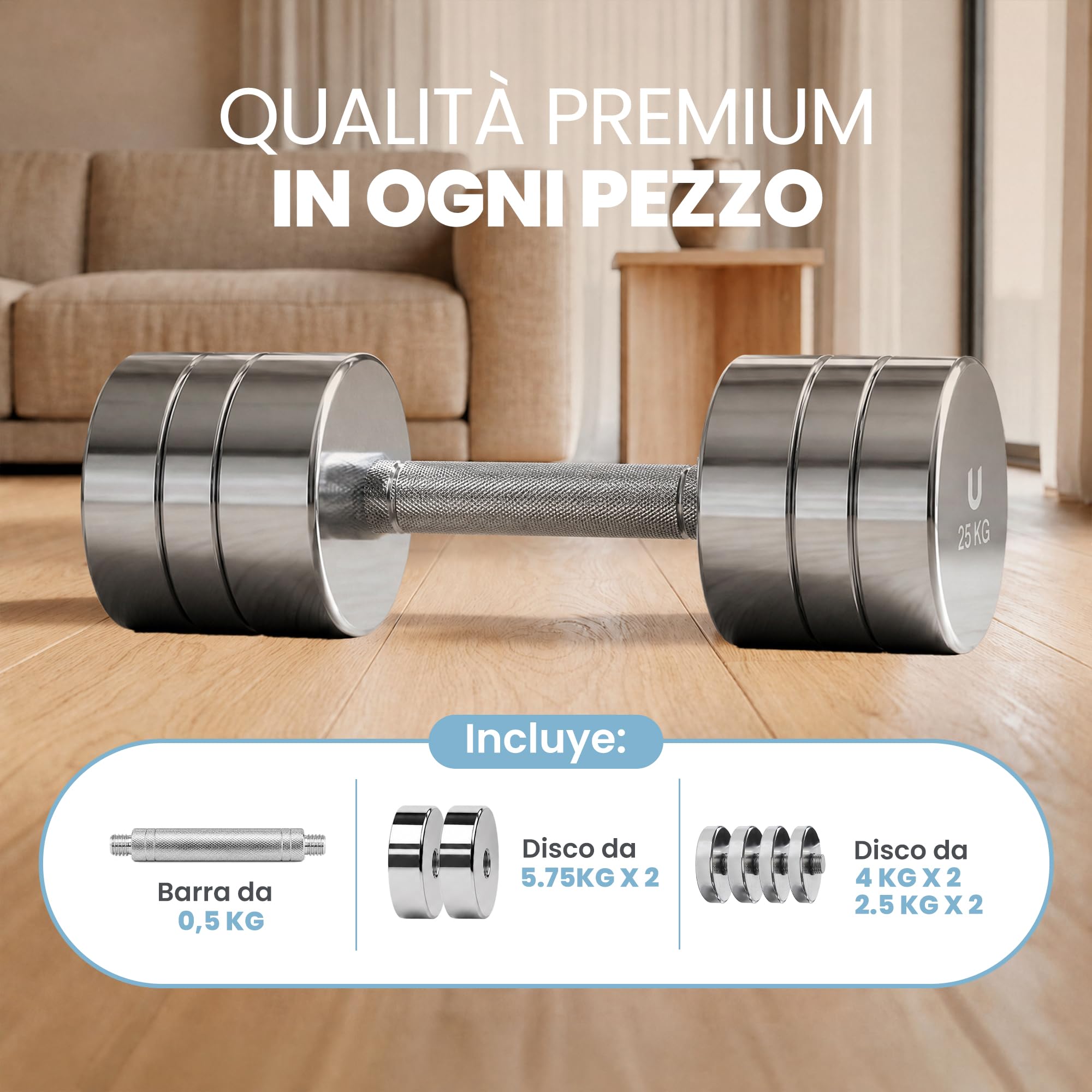 unycos - Manubri Regolabili in Acciaio Cromato, Pesi Compatti con Impugnatura Antiscivolo, Set Fitness per Allenamento di Forza, Muscolazione e Palestra in Casa (Titan Transformer)