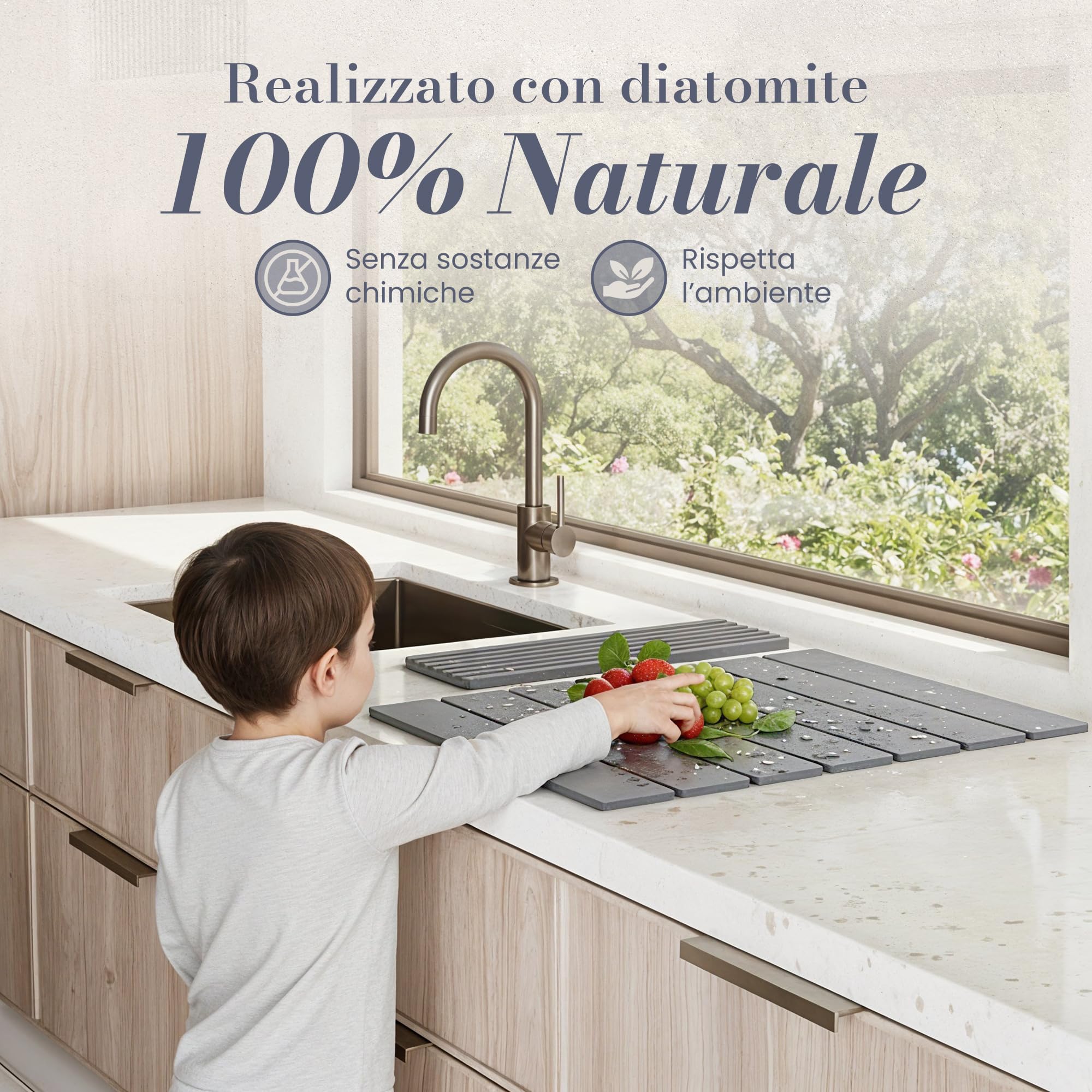 Tappetino Scolapiatti Assorbente Diatomite Pieghevole – Tappetino Assorbente Cucina Pietra 40×30 cm + 30×10 cm con Accessori di Manutenzione – Asciugatura Rapida, Igienico e Antiscivolo