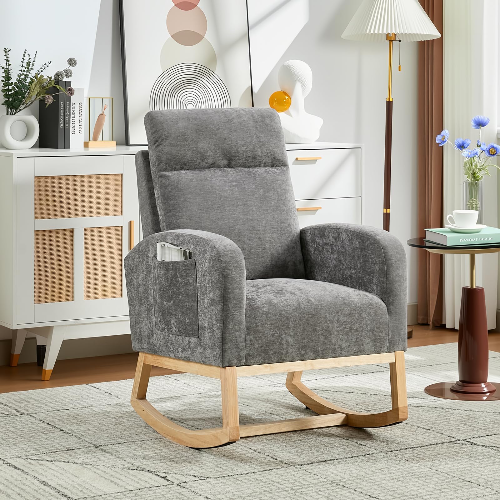 Garvee Modern Nursery Rocking Recliner Chair with Wood Legs, Side Pocket &amp; High Back for Living Room Bedroom