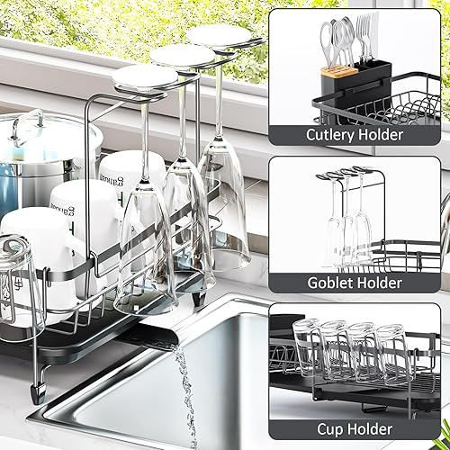 Miniatura 3 de TOOLF Escurridor de platos expandible, estante ajustable de acero inoxidable 304, escurridor de platos plegable con soporte extraíble para cubiertos