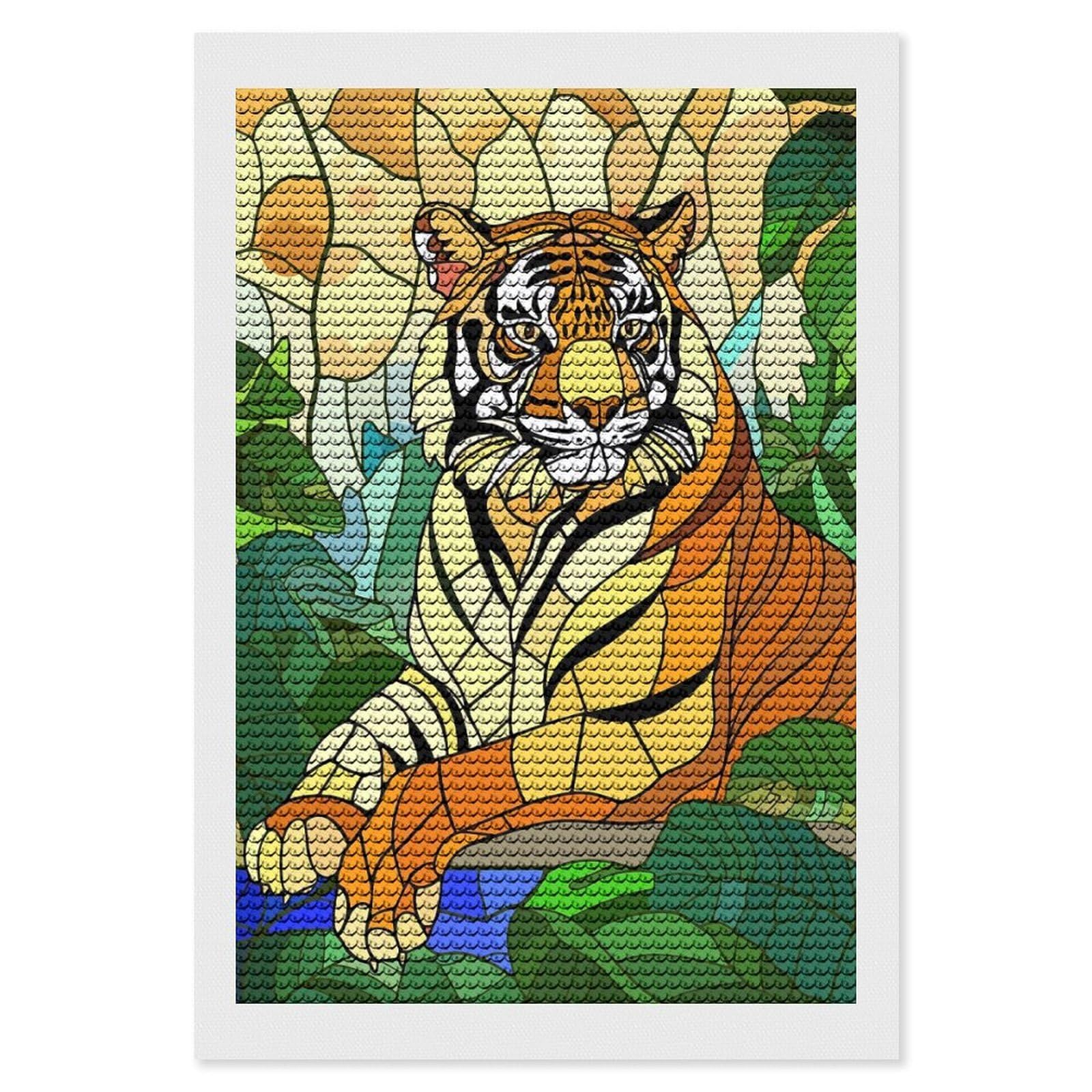 Junmoney Stained Glass Tiger in Jungle Diamond Painting Set 8"x12", Neat Printed Canvas, with Tool Kit, Bedroom Decor, Gift Idea, Complete Accessories