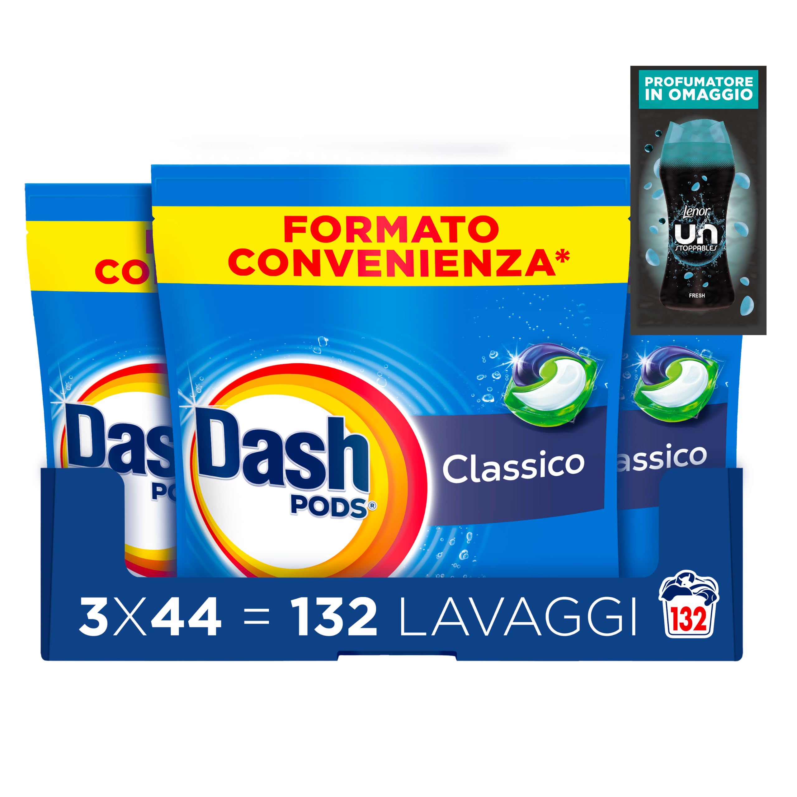 Dash Pods Classico Detersivo Lavatrice in Capsule, 132 Lavaggi + Campione | Rimuove macchie, igienizza in 1 lavaggio, 3 additivi integrati, campione profumatore in regalo da 20gr