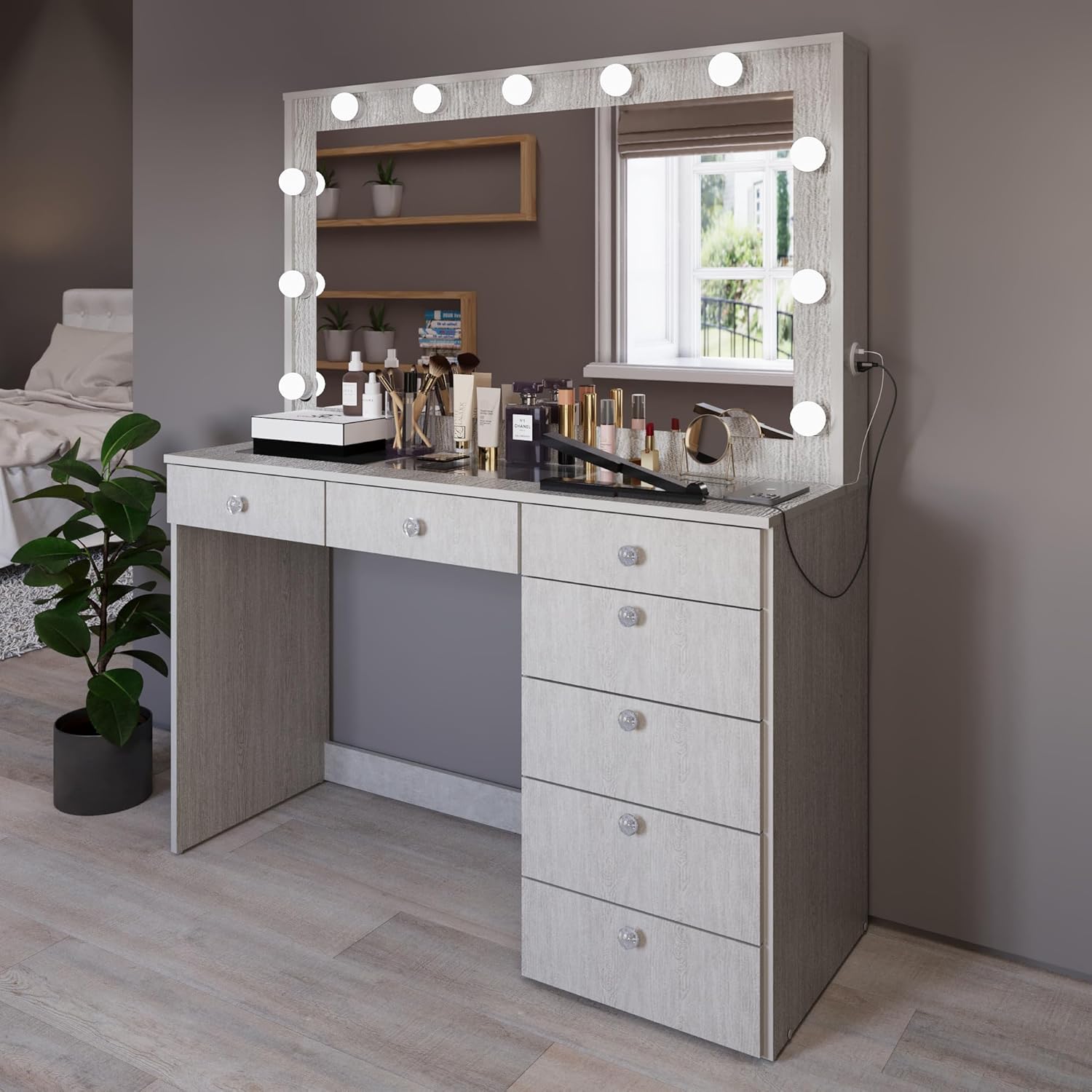 Boahaus Serena Large Makeup Vanity Desk with Hollywood Lights, 7 Drawers, Hair Dryer Hanger, USB Type-C & Type-A, 110V Power Outlet for Beauty Tools, Glass Top, Crystal Knobs  Premium Greige Finish