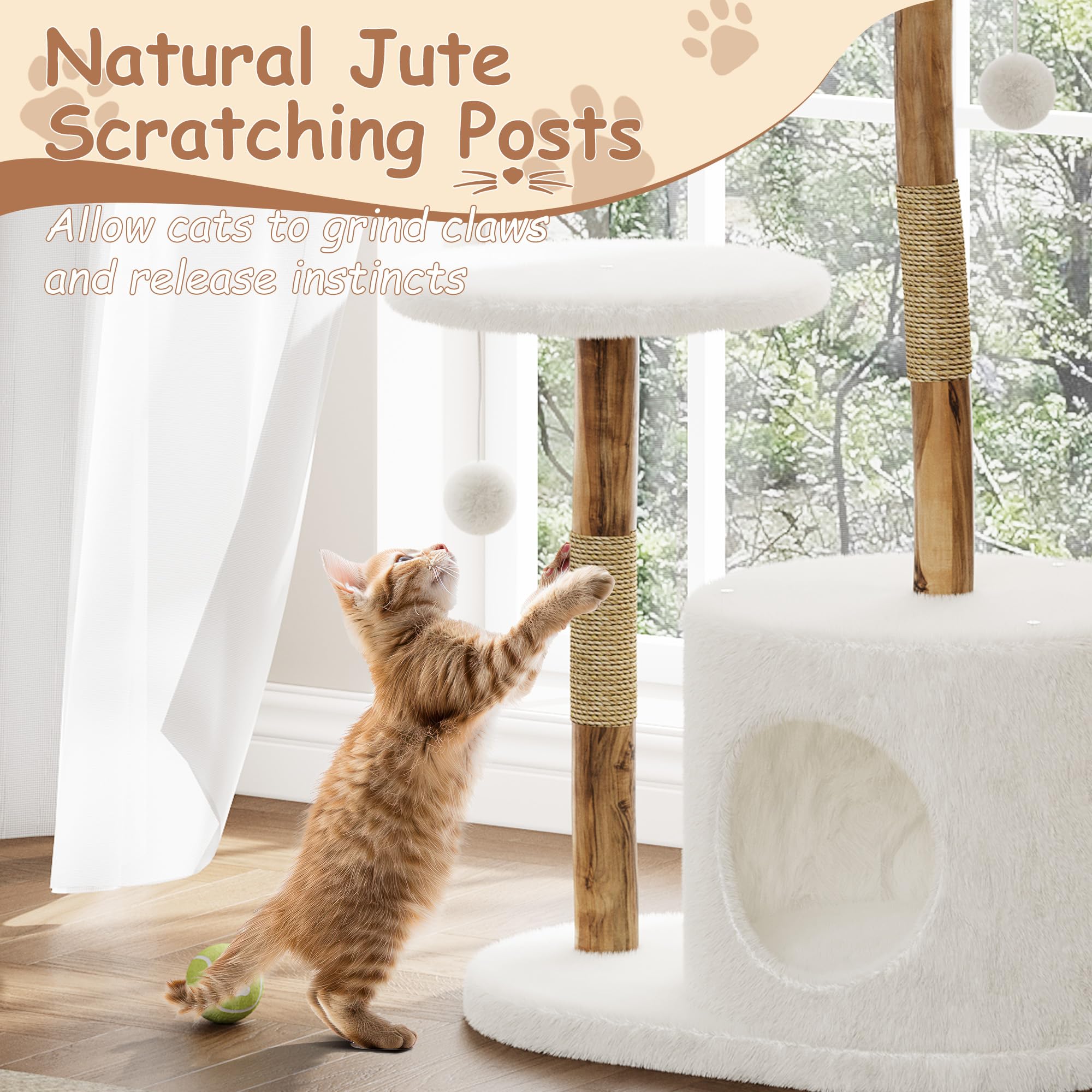 Arbre à Chat en Bois Massif 117cm avec Paniers en Osier Spacieux, Griffoir Poteau Sisal Plateformes de Saut et Boule Pompon pour Plusieurs Chats Intérieur Salon Appartement