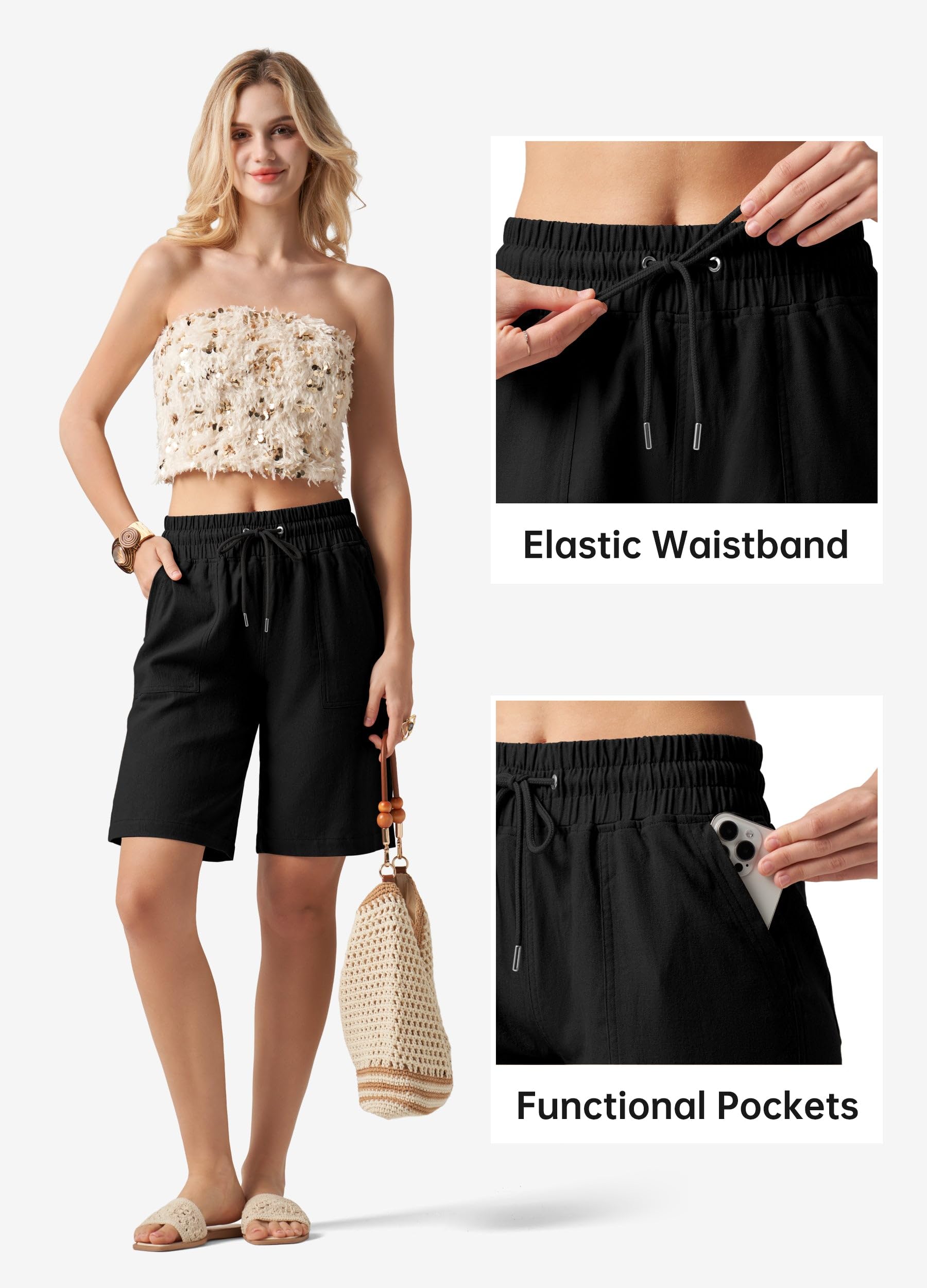 WILLIT Shorts Damen Leinen Shorts Freizeit Bermuda Kurze Hose knielange High Waist Bequeme Sommershorts mit Taschen 10“