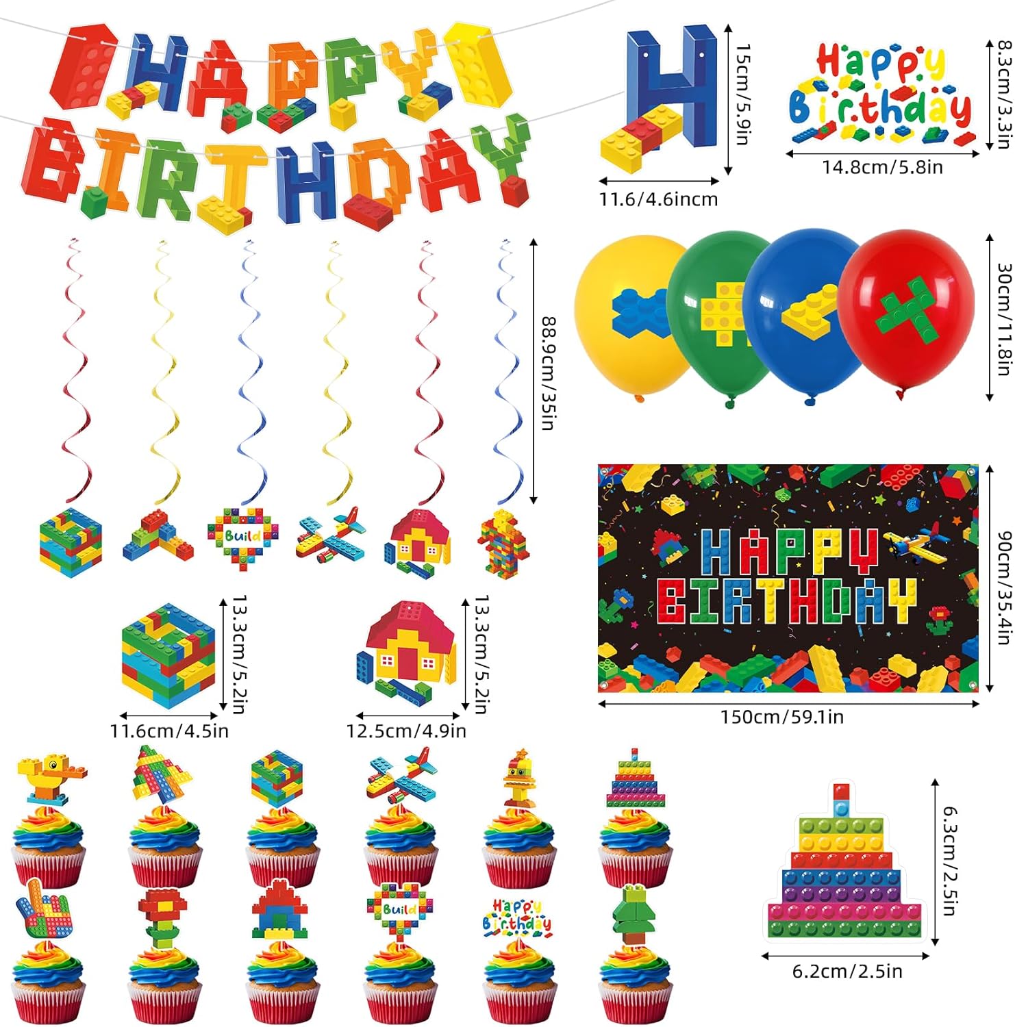 Holkcog Building Blocks Birthday Decorations, Building Blocks Theme Party Supplies, Summer Colorful Themed Birthday Party Pack Ballons, Banner, Colorful Cake Top for Men Women