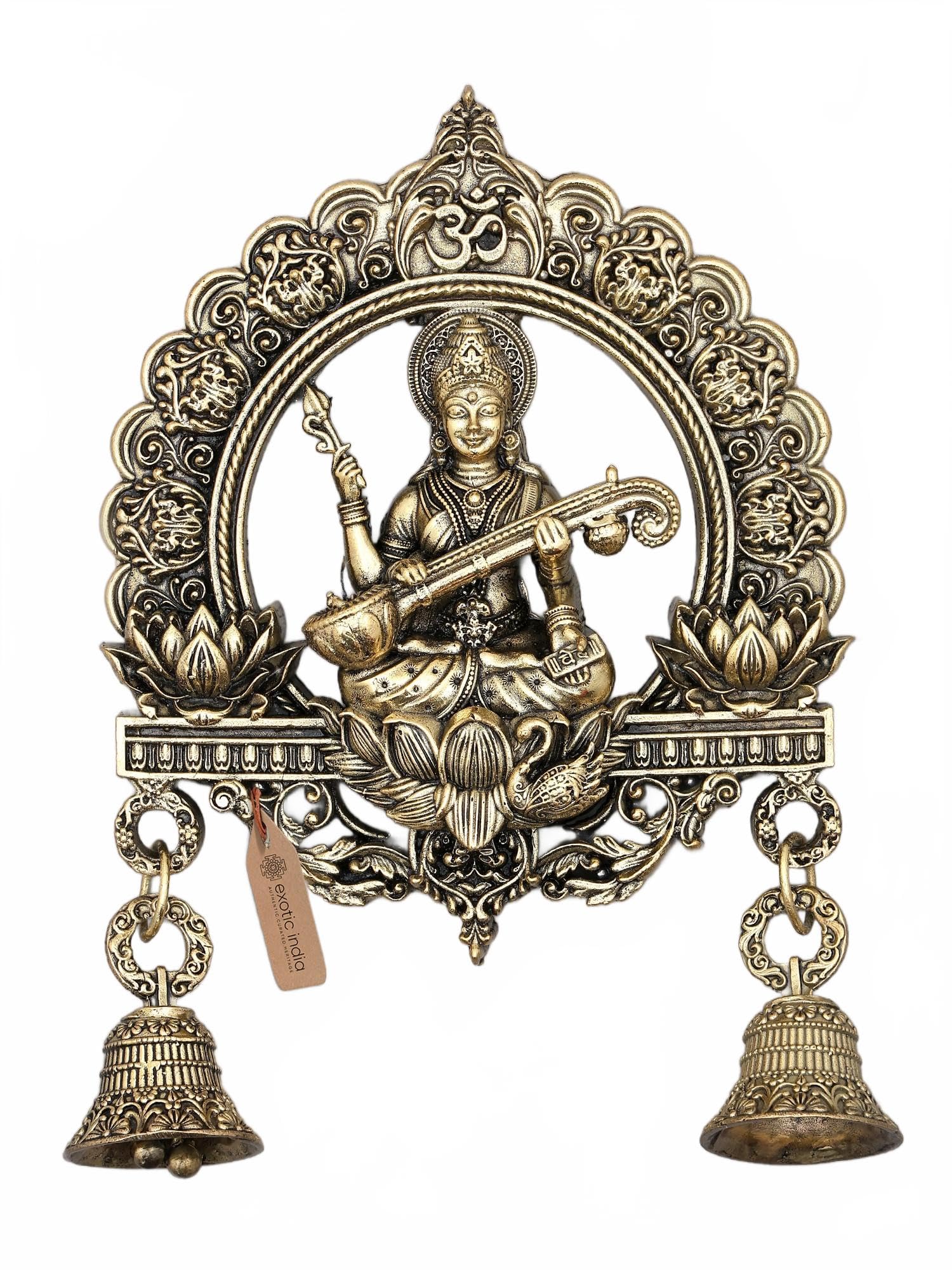 Exotic India 6" Superfine Goddess Saraswati Brass Statue Wall Hanging with Bells Idol for Puja Room, Home, Office, Temple Wall Décor