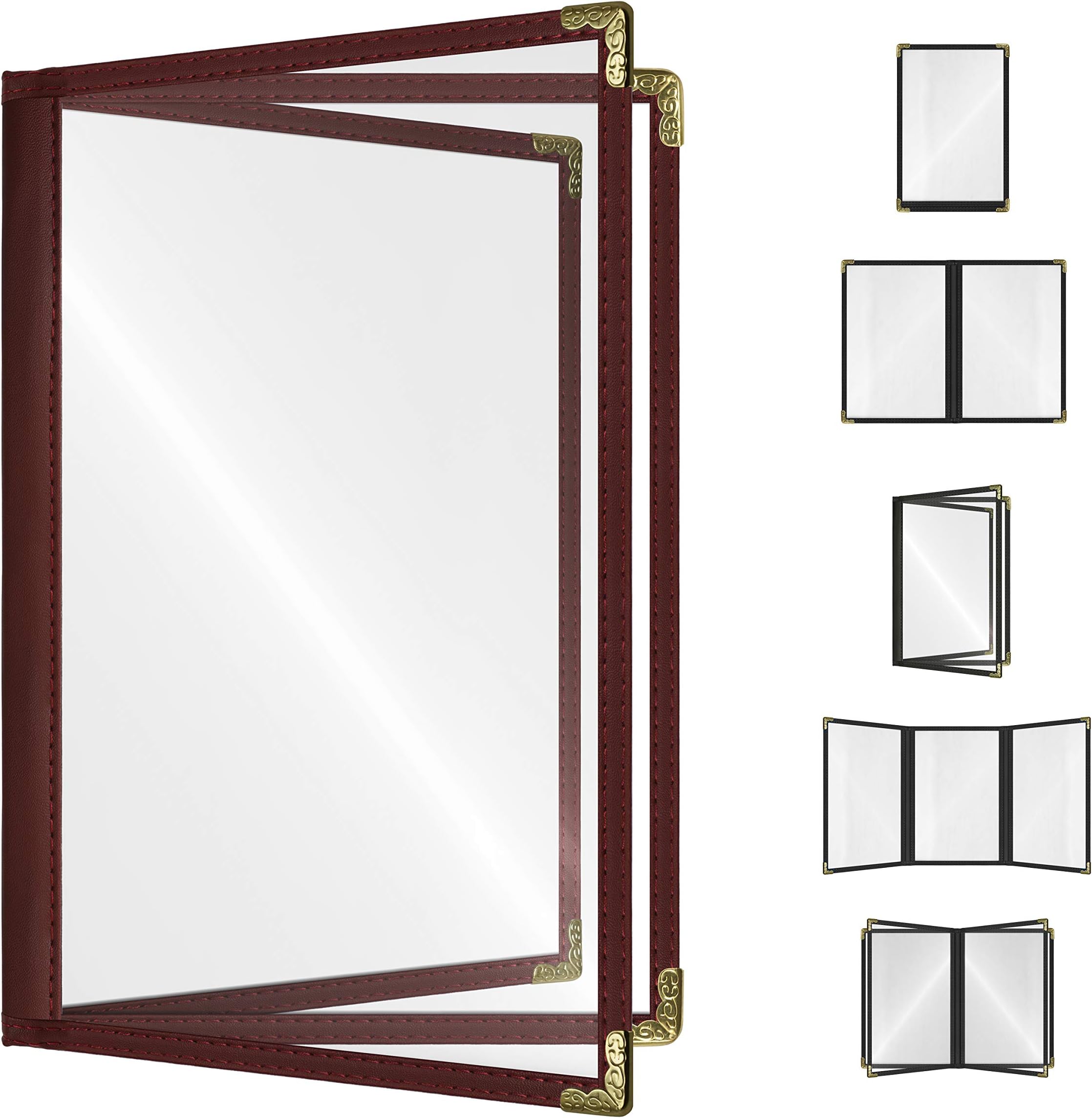 Goodsmart Restaurant Menu Covers - Burgundy, 25 Pack, 8.5" x 11", 3-Page/6-View, Side-Loading Vinyl Menu Holders, Clear Sleeves, Double-Stitched Edge, Leather-Style Café Covers with Gold Corners