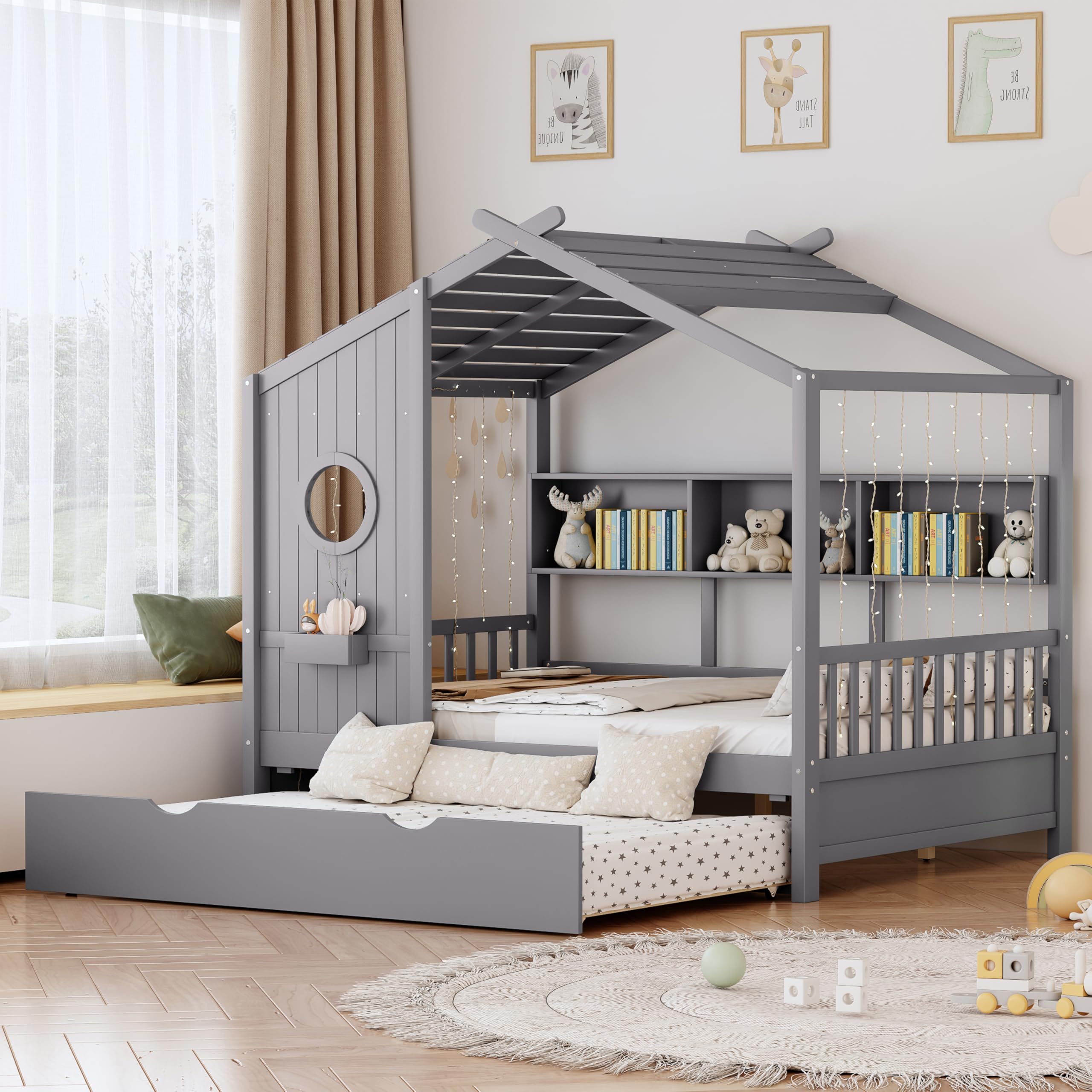 Full Size House Bed with Trundle for Kids,Full Kids Bed Frame with Storage Shelves,Wood House Bed Frame for Girls,Boys,Can be Decorated,Gray