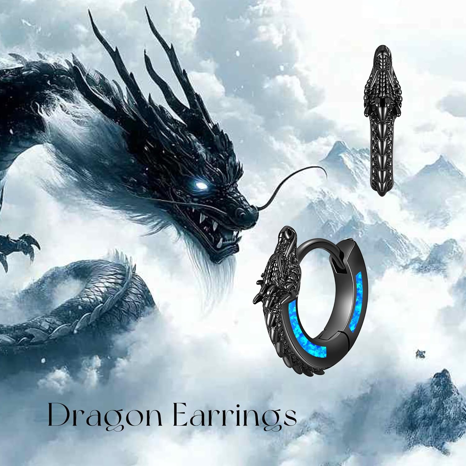 13mm Dragon Hoop Earrings Sterling Silver Black Opal Dragon Huggie Hoop Earrings Viking Punk Rock Jewelry Gift for Men - Image 6