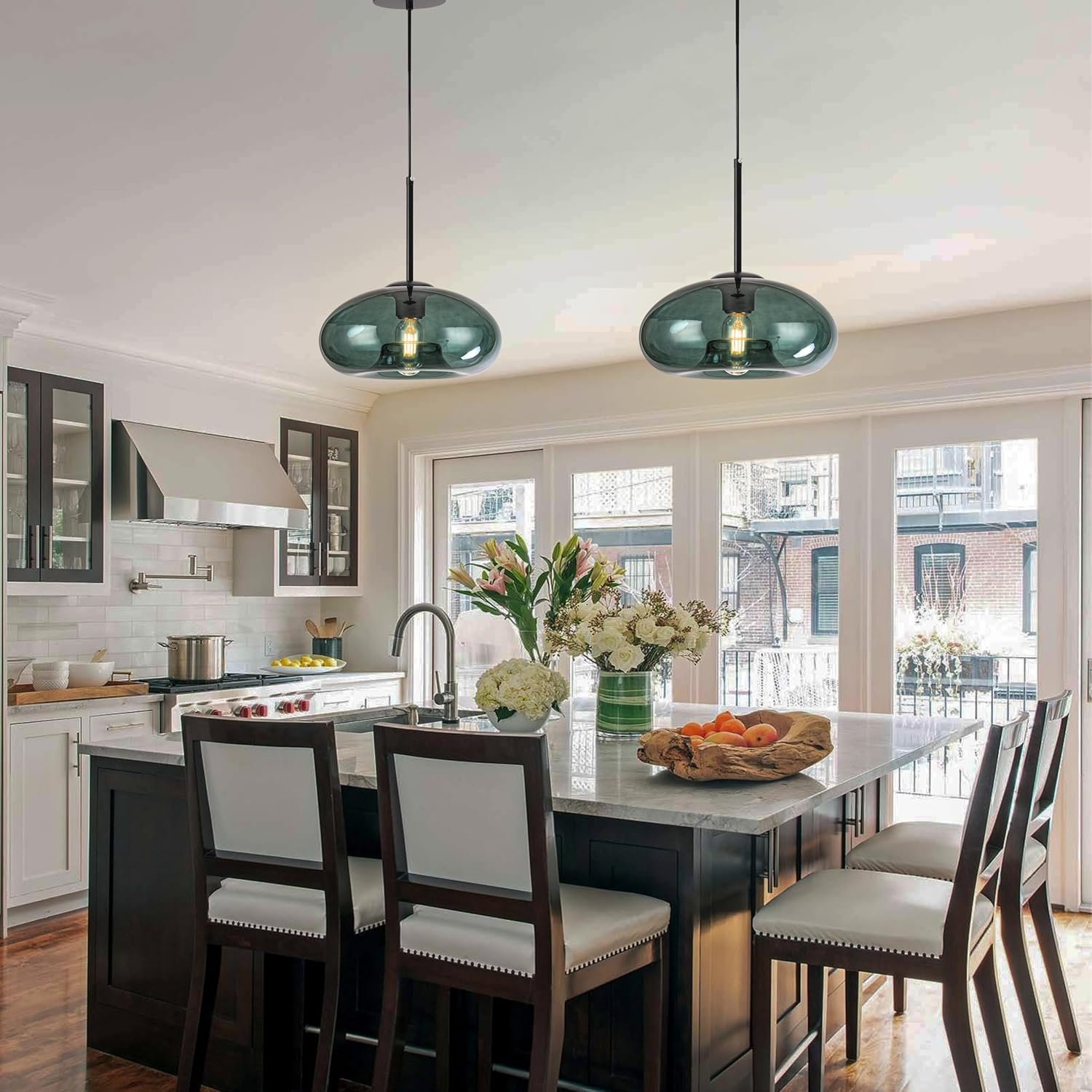 Vintage Green Glass Pendant Lights Kitchen Island with Handblown Shade,Adjustable Hanging Light Fixtures for Kitchen Island, Dining Room, Hallway - 11 Inch