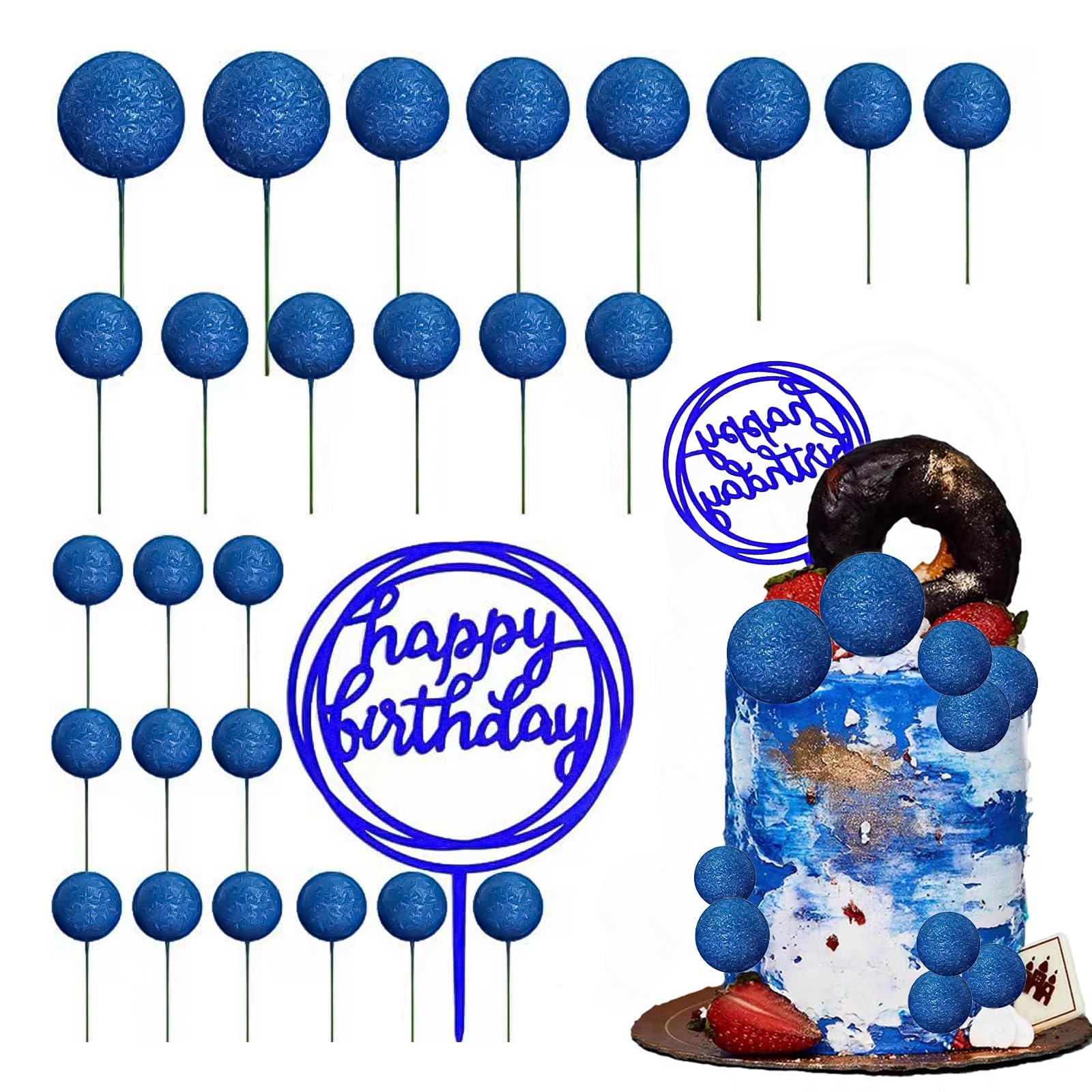 25 Pezzi Topper Per Torta In Schiuma E Acrilico - Decorazioni Compleanno In Blu E Oro, Con Palline, Disco E Scritte, Per Torte Fai Da Te E Cupcake - 2